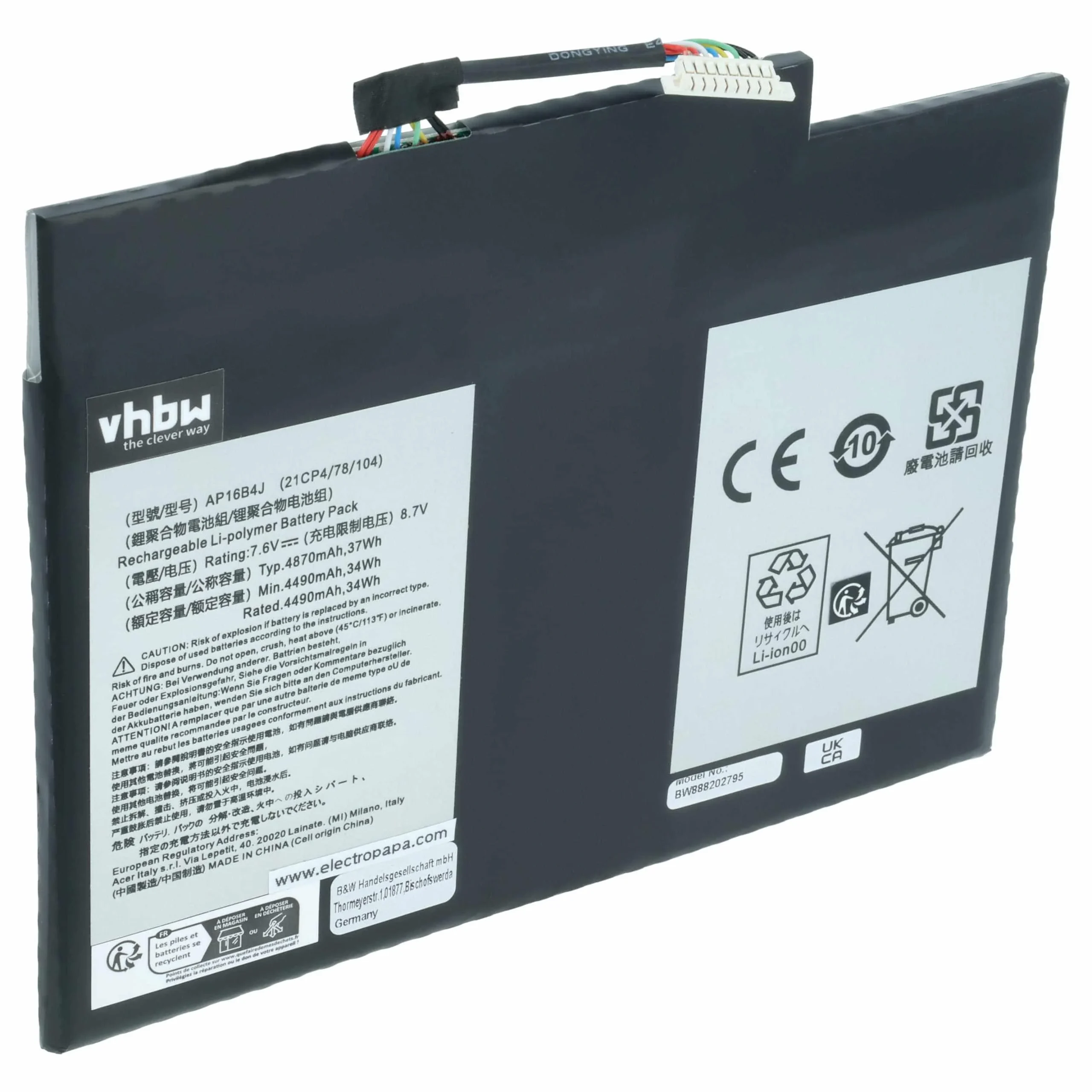 Batterie remplace Acer KT.00204.003, AP16B4J pour ordinateur portable Acer- 4450mAh 7,6V Li-polymère