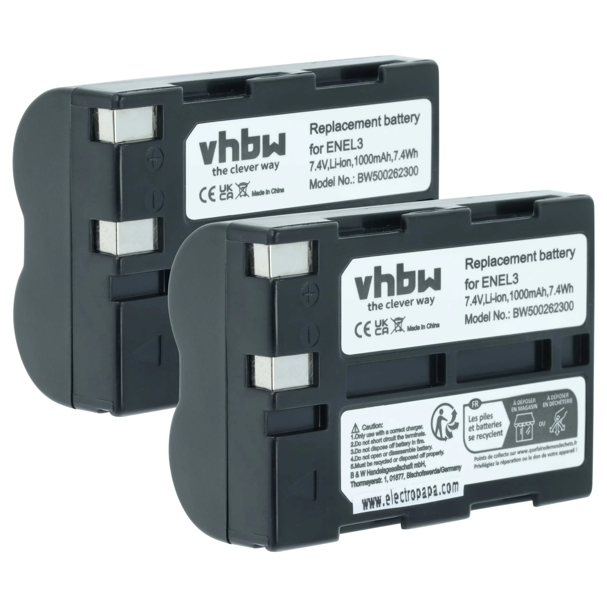 2x Batteries remplace Nikon EN-EL3, EN-EL3a pour appareil photo Nikon- 1000mAh 7,2V Li-ion