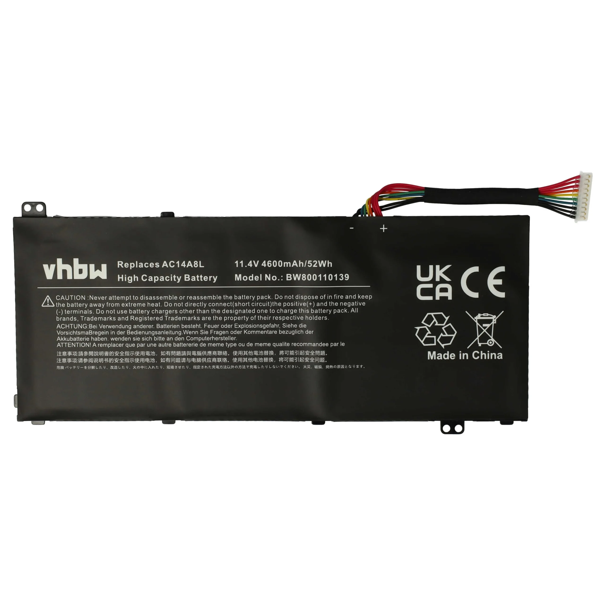 Batterie remplace Acer 3ICP7/61/80, AC14A8L pour ordinateur portable Acer- 4600mAh 11,4V Li-polymère, noir