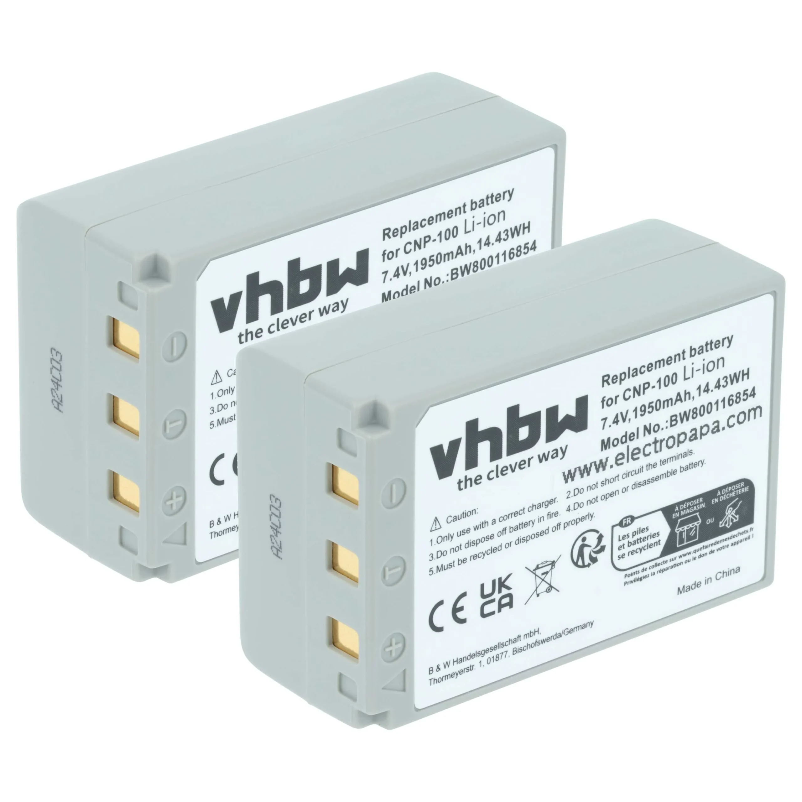 2x Batteries remplace Casio NP-100L, NP-100 pour appareil photo Casio- 1950mAh 7,4V Li-ion