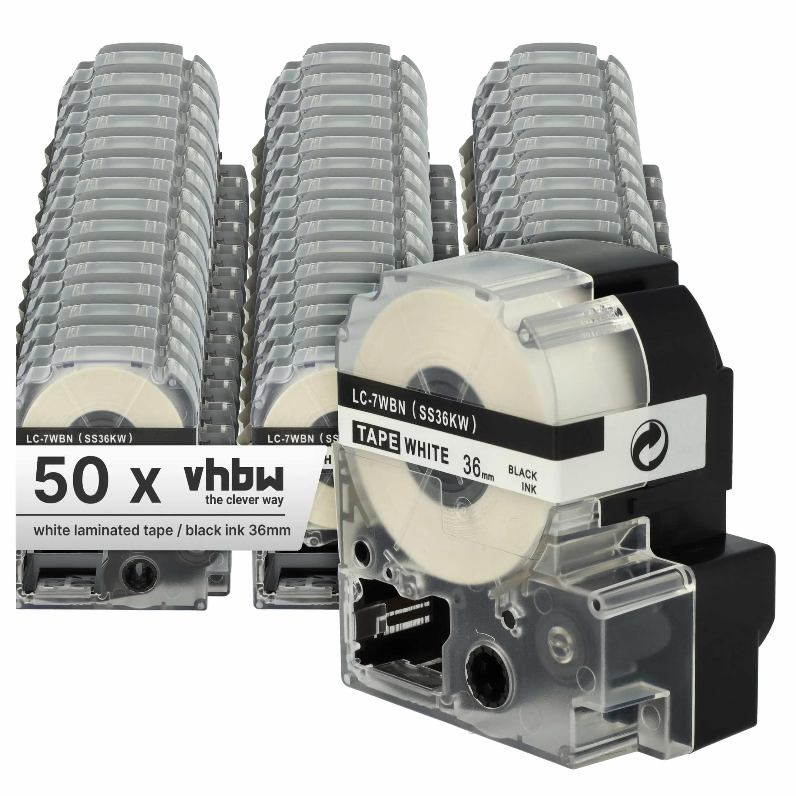 50x Cassettes à ruban remplacent Epson LC-7WBN - 36mm lettrage Noir ruban Blanc, plastique