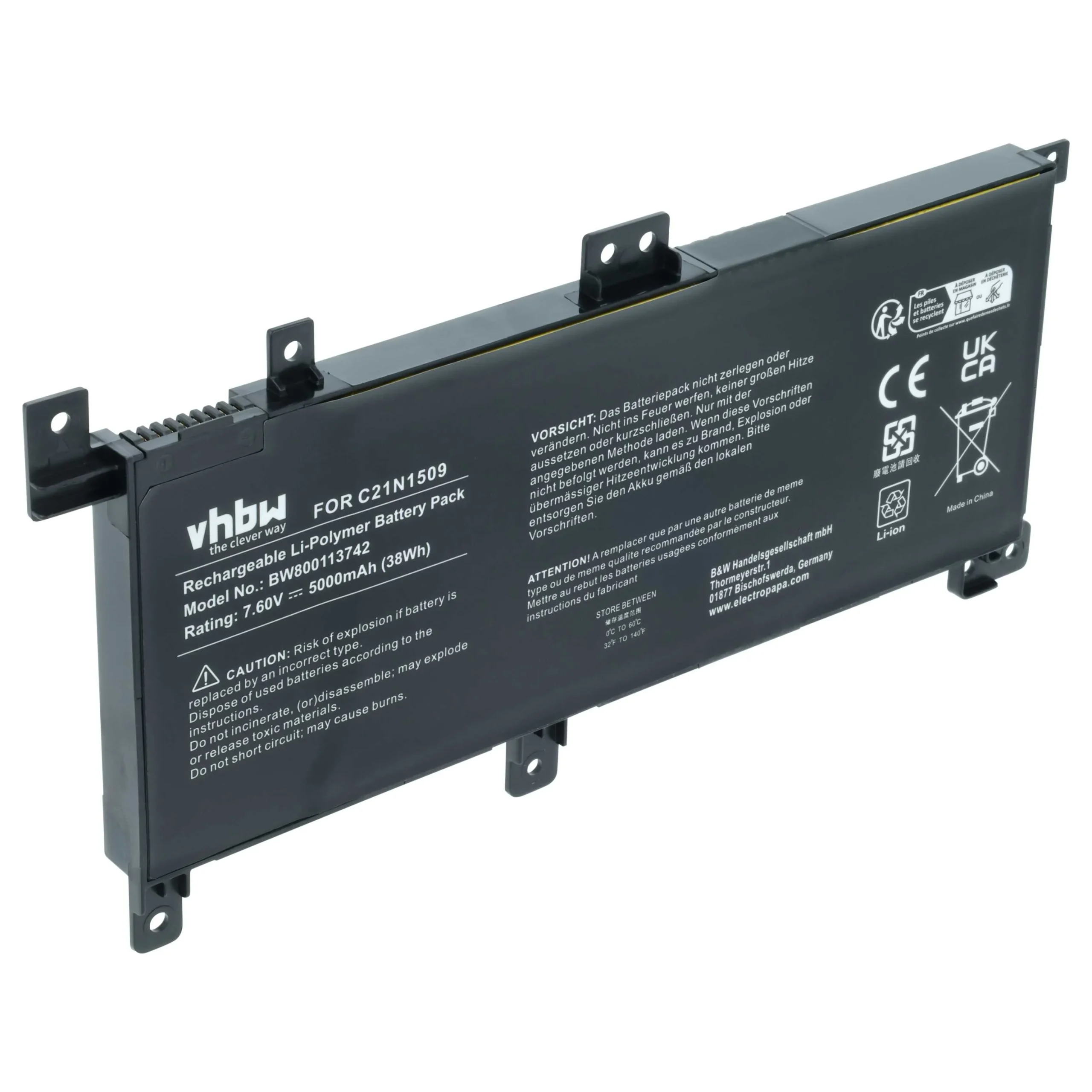 Batterie remplace Asus C21N1509, 0B200-01750000 pour ordinateur portable Asus- 5000mAh 7,6V Li-polymère, noir