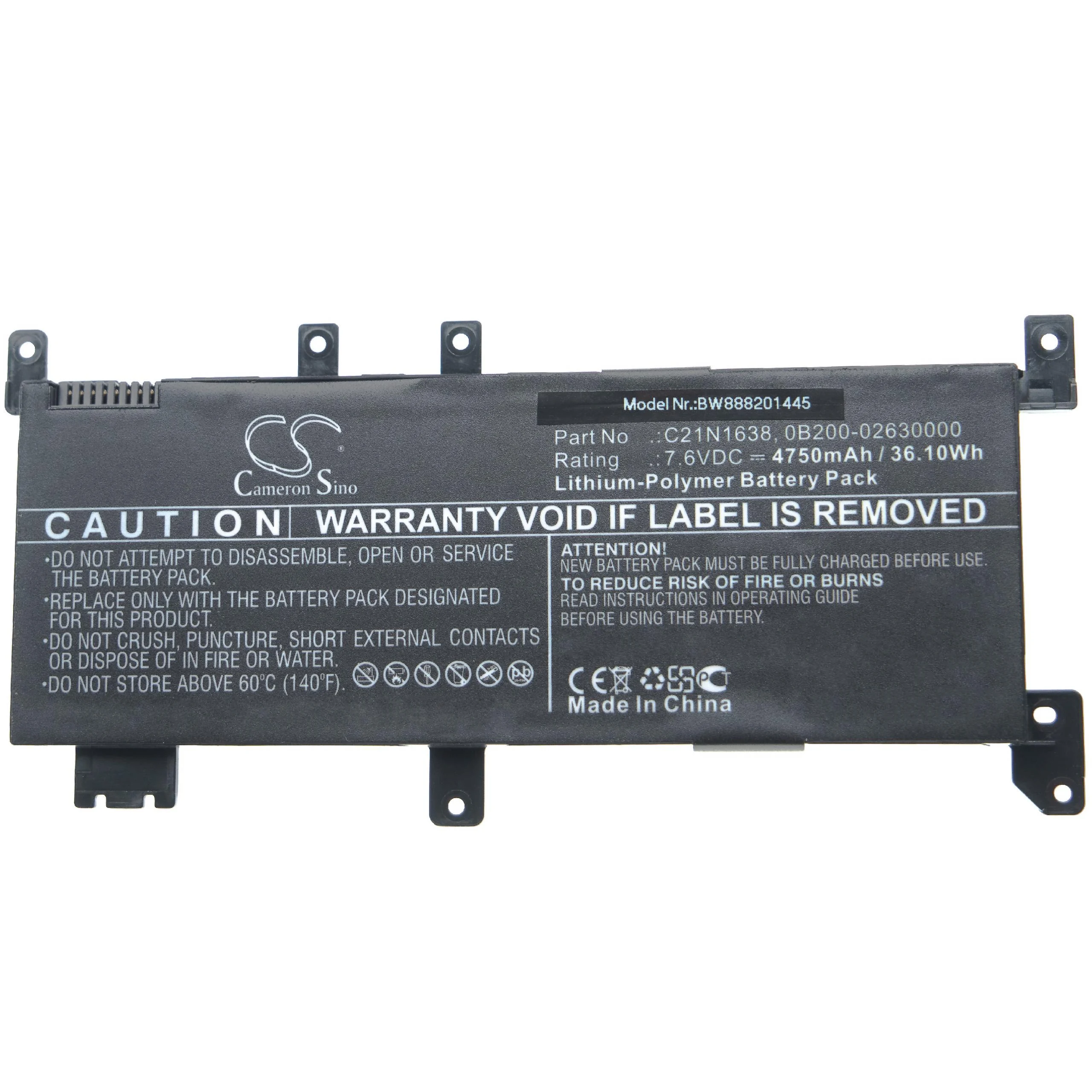 Batterie remplace Asus 0B200-02630000, C21N1638 pour ordinateur portable Asus- 4750mAh 7,6V Li-polymère, noir