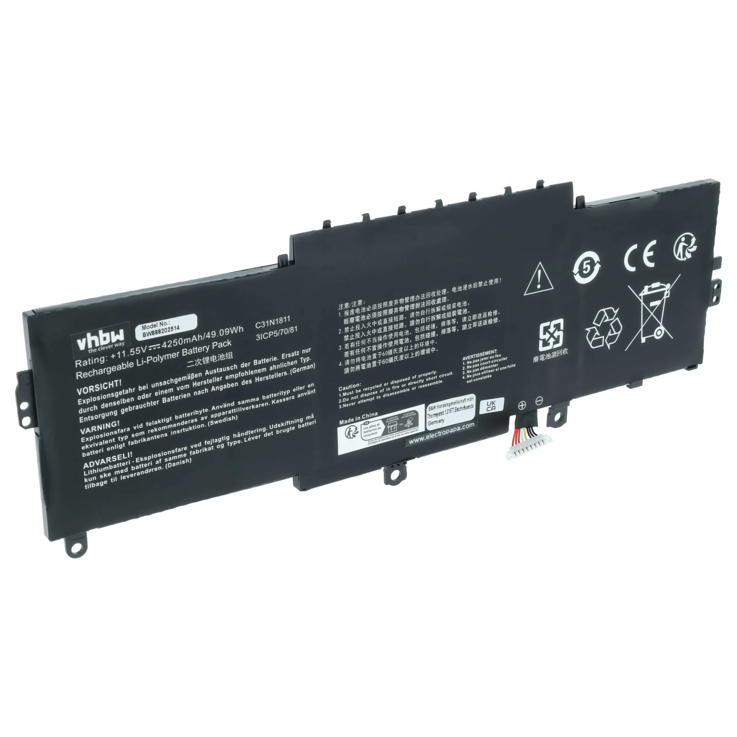 Batterie remplace Asus C31N1811, 0B200-03080000 pour ordinateur portable Asus- 4250mAh 11,55V Li-polymère