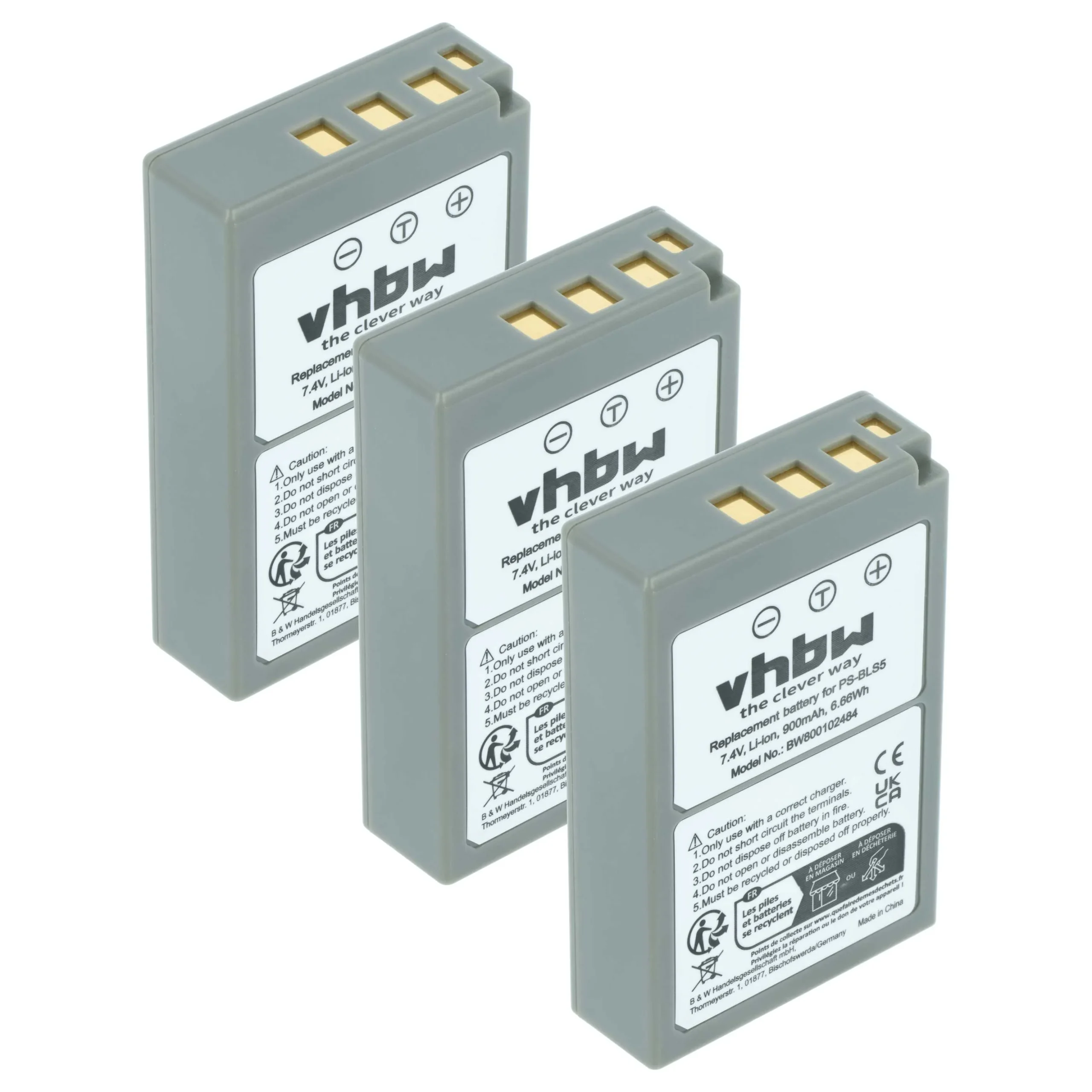 3x Batteries remplace Olympus PS-BLS5, BLS50, BLS-5, BLS-50 pour appareil photo OM System- 900mAh 7,2V Li-ion