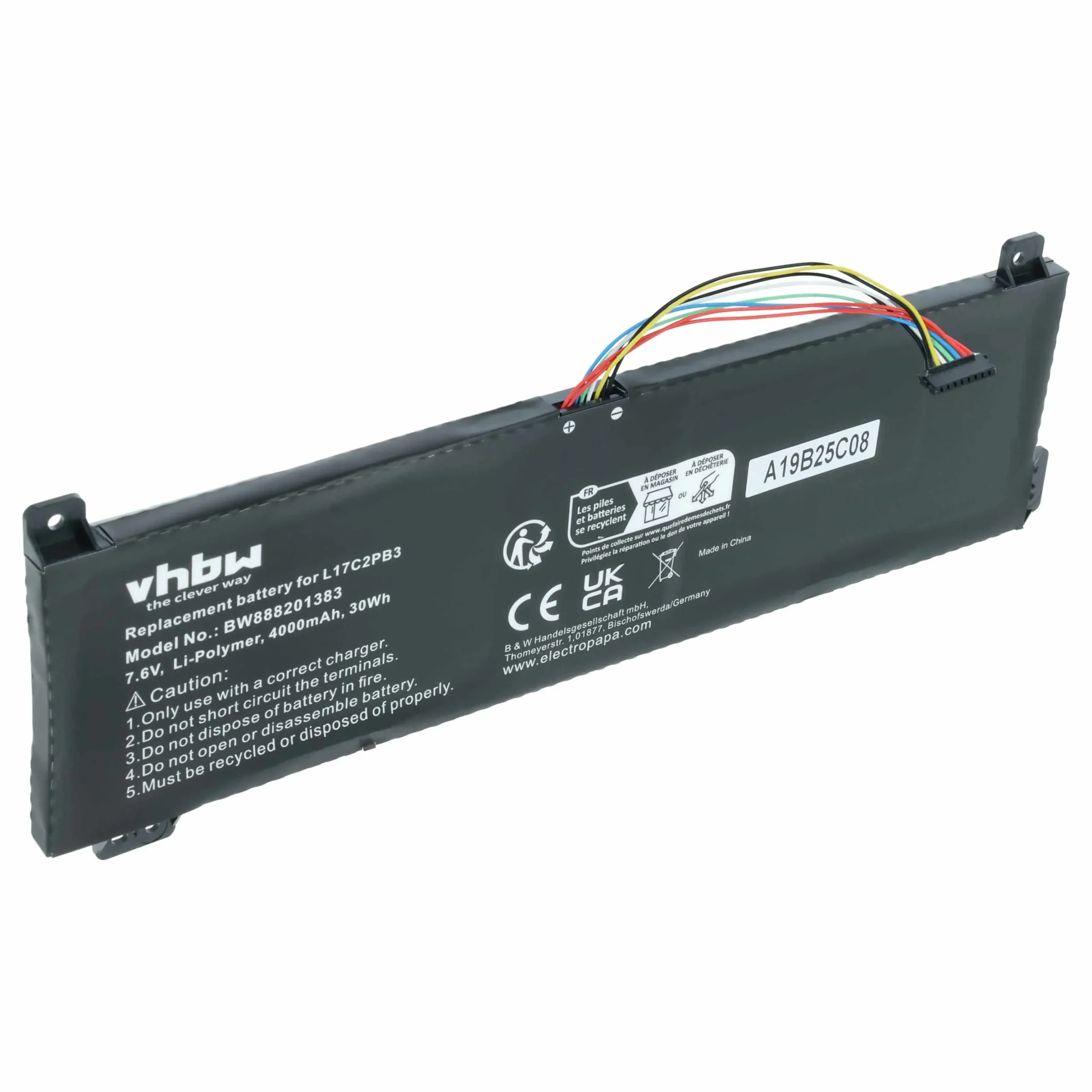 Batterie remplace Lenovo L17C2PB4, L17C2PB3 pour ordinateur portable Lenovo- 4000mAh 7,6V Li-polymère, noir