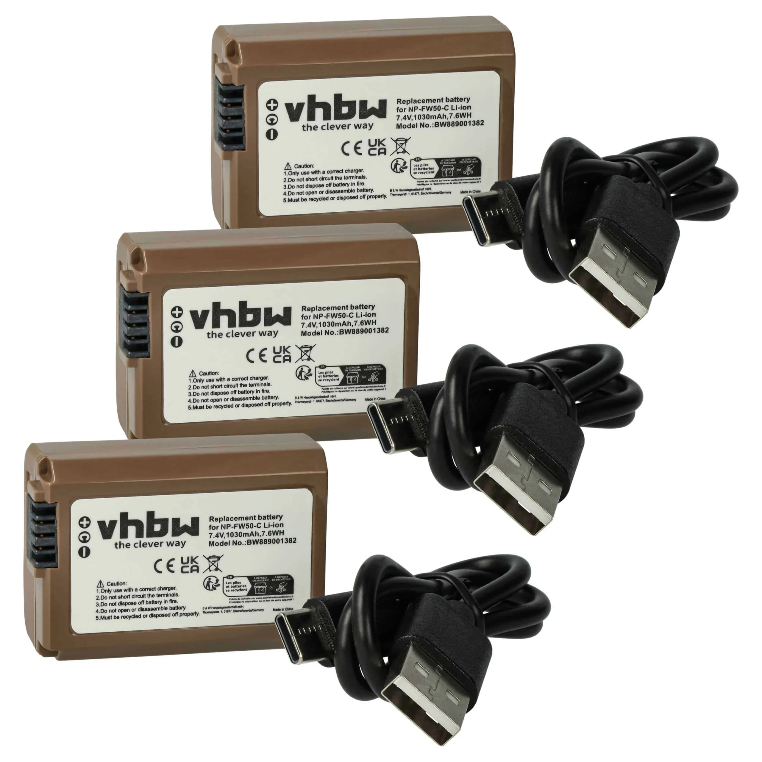 3x Batteries remplace Sony NP-FW50 pour appareil photo Sony- 1030mAh 7,4V Li-ion - USB-C