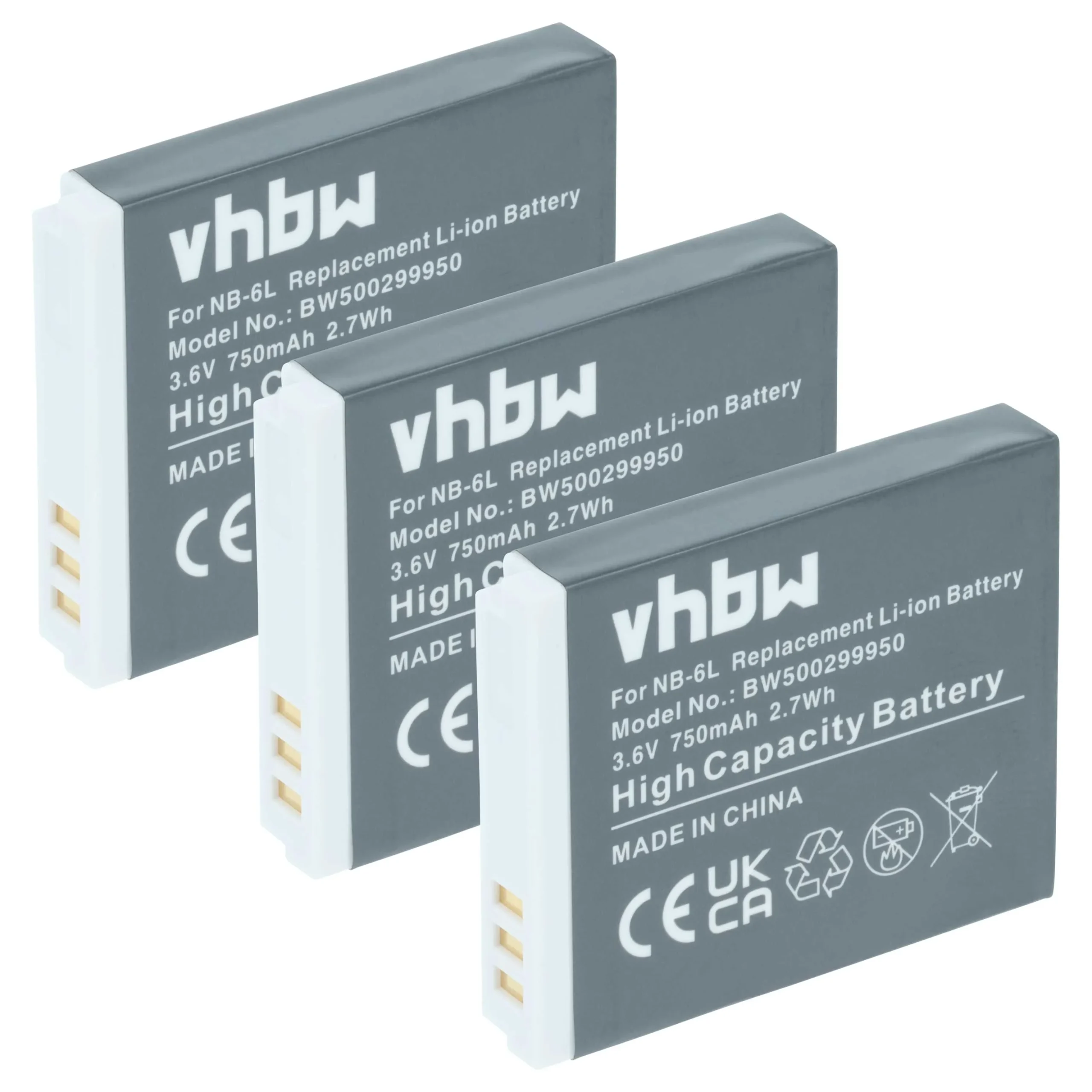 3x Batteries remplace Canon NB-6L pour appareil photo Canon- 750mAh 3,6V Li-ion