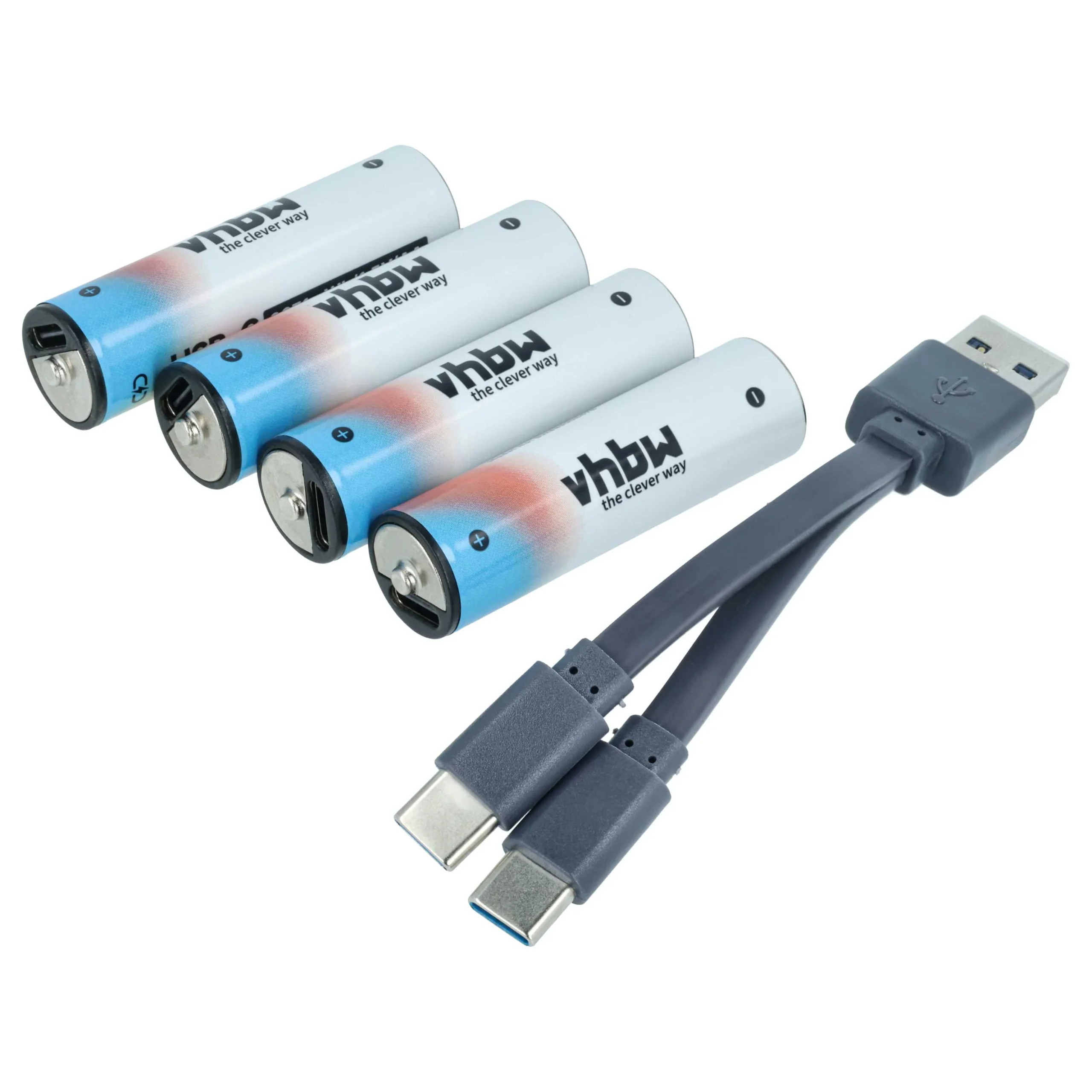 vhbw 4x Piles rechargeables AA - Avec prise USB C 2047 mAh, 1,5 V, Li-ion + câble USB-A / 2x USB-C