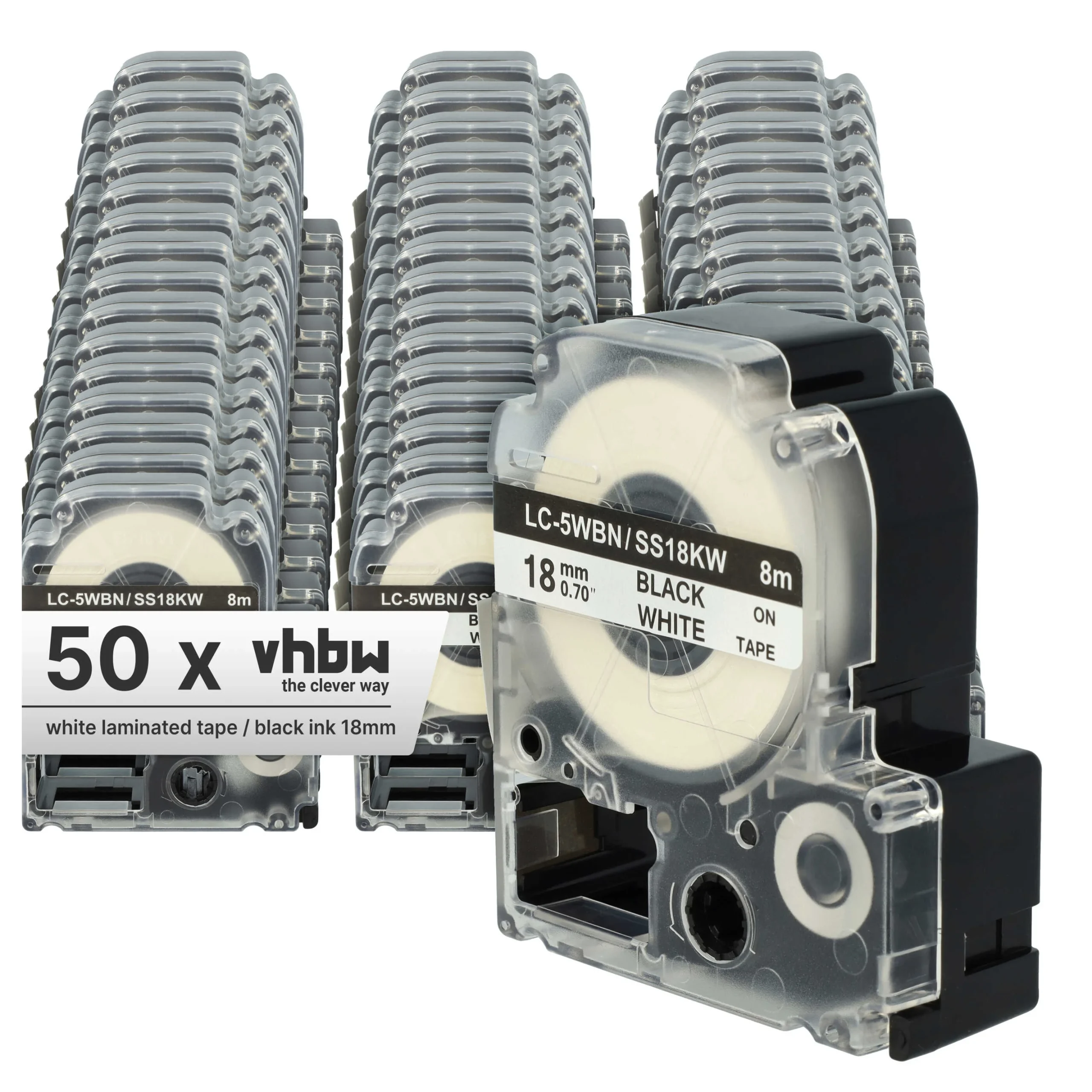 50x Cassettes à ruban remplacent Epson LC-5WBN - 18mm lettrage Noir ruban Blanc, plastique