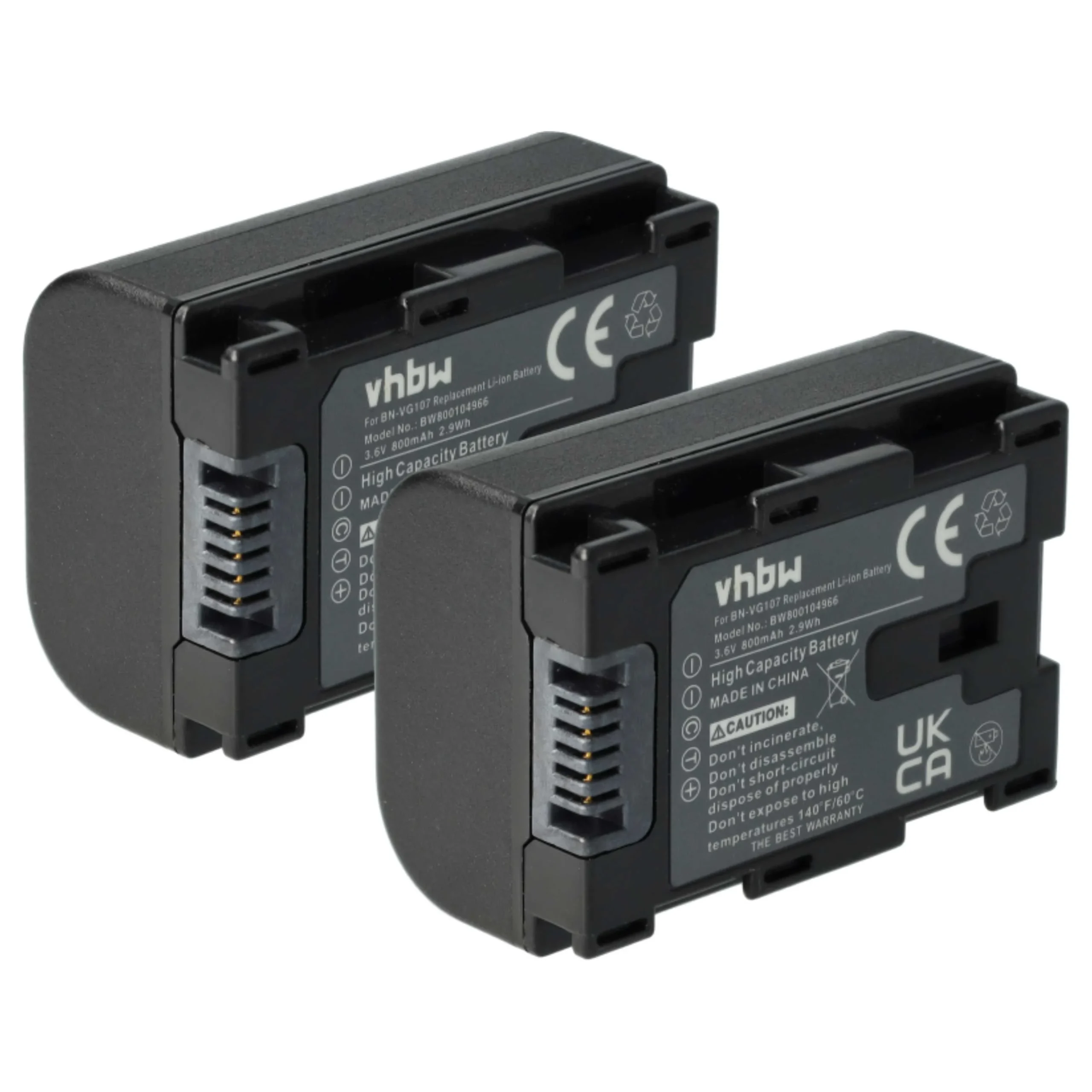 2x Batteries remplace JVC BN-VG107U, BN-VG107E, BN-VG107 pour caméscope JVC- 800mAh 3,6V Li-ion avec puce