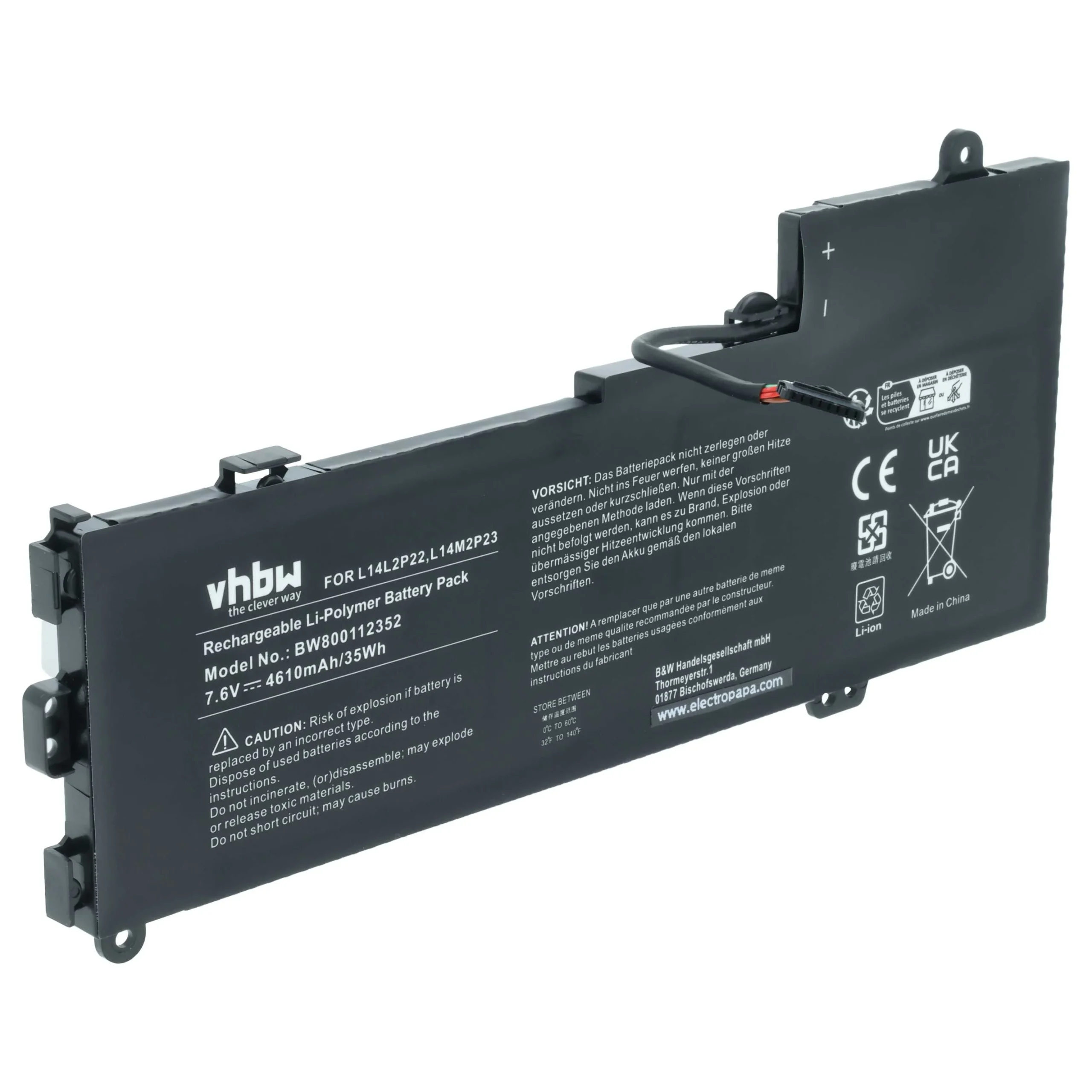Batterie remplace Lenovo L14M2P24, L14L2P22 pour ordinateur portable Lenovo- 4610mAh 7,6V Li-polymère, noir