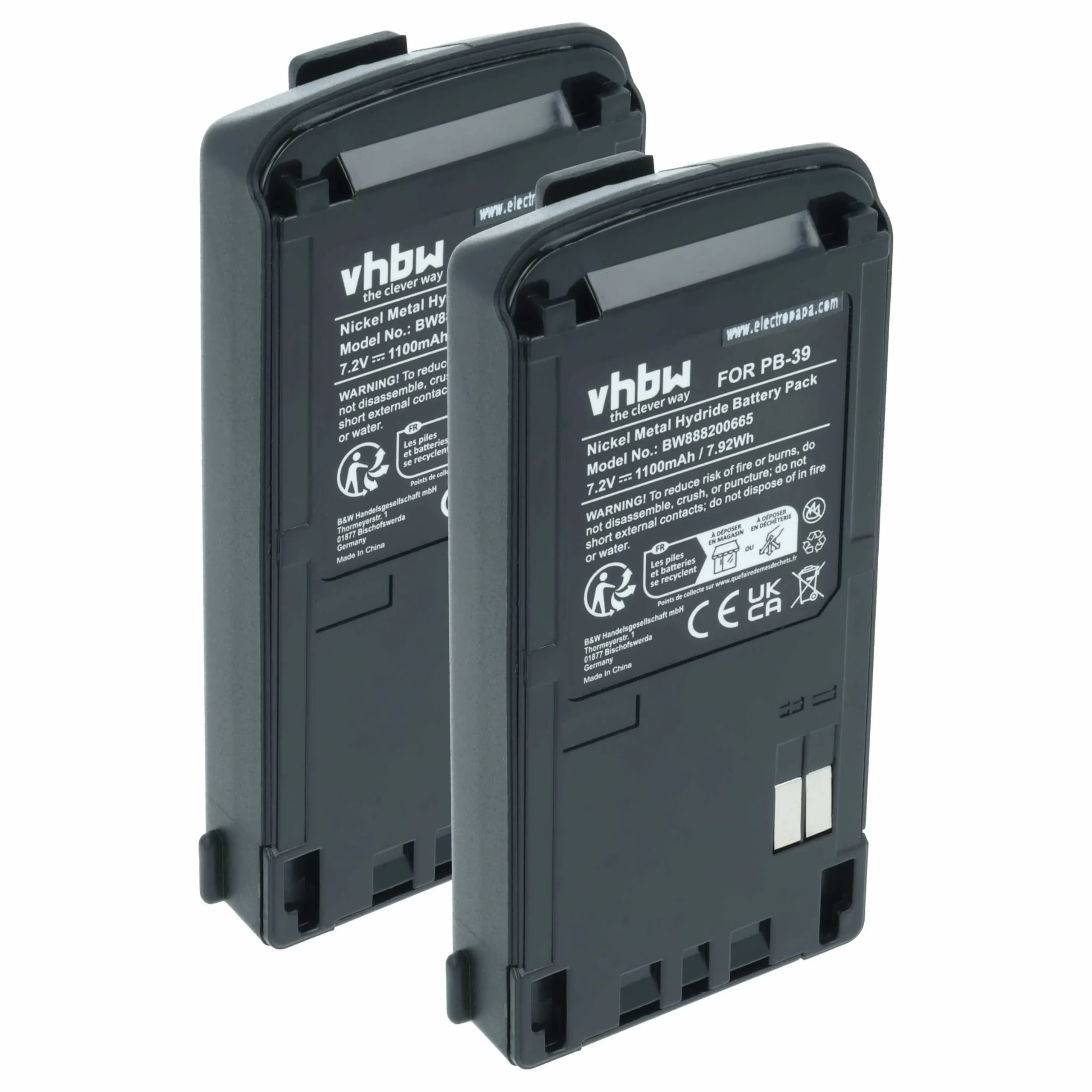 2x Batteries remplace Kenwood PB-39H, PB-39, PB-38 pour radio talkie-walkie Kenwood- 1100mAh 7,2V NiMH