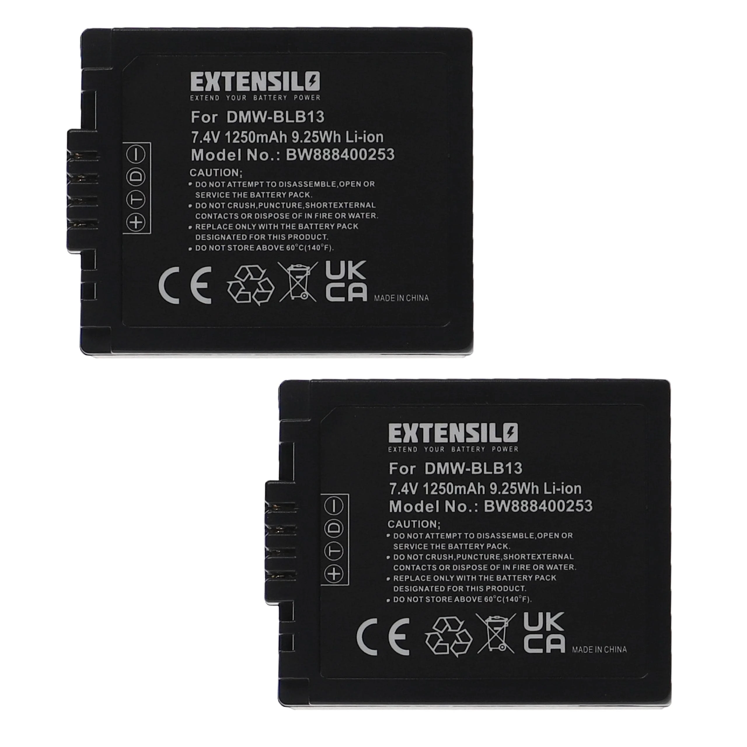 2x Batteries remplace Panasonic DMW-BLB13, DMW-BLB13E pour appareil photo Panasonic- 1250mAh 7,4V Li-ion