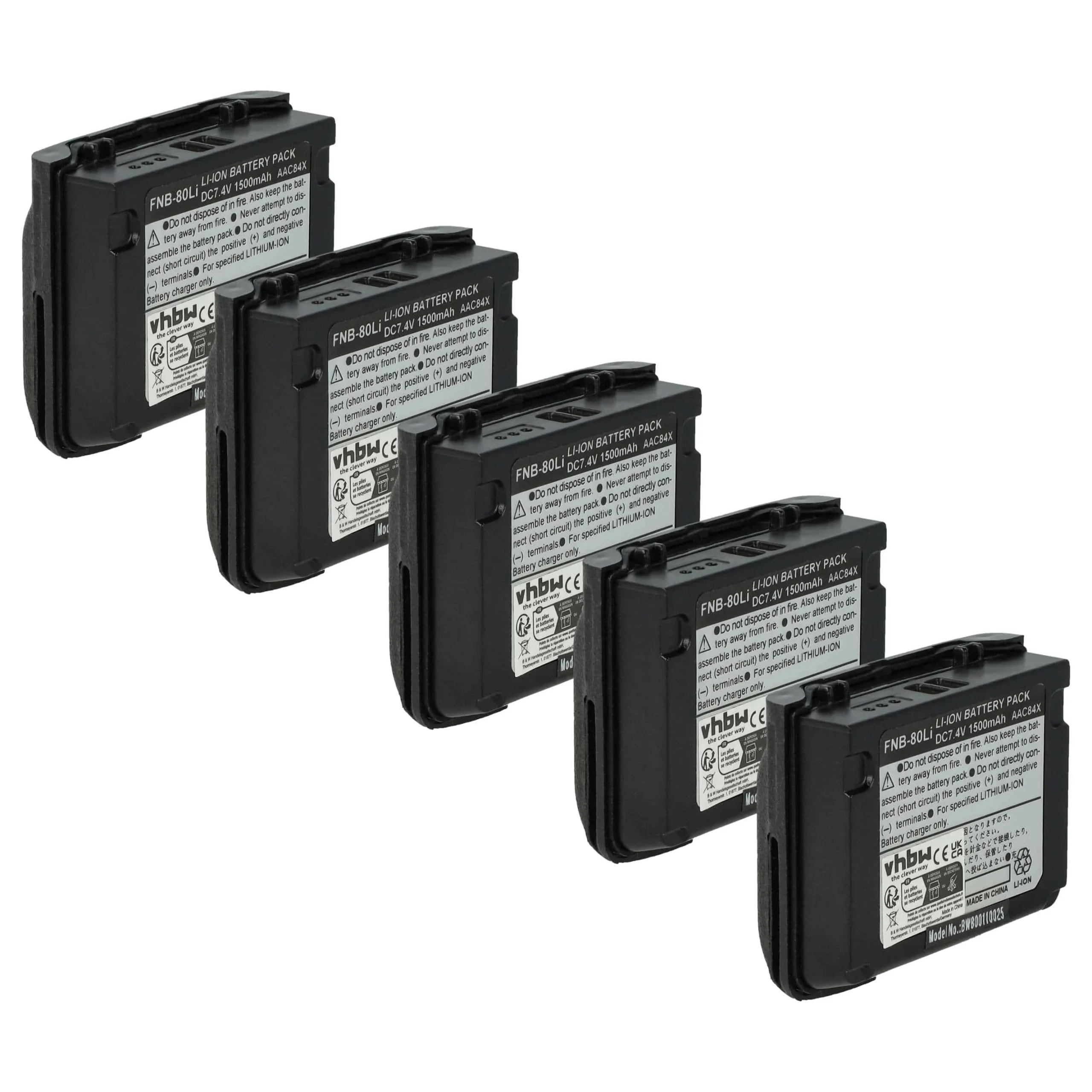 5x Batteries remplace Vertex Yaesu FNB-80Li pour radio talkie-walkie Vertex Yaesu- 1500mAh 7,4V Li-ion