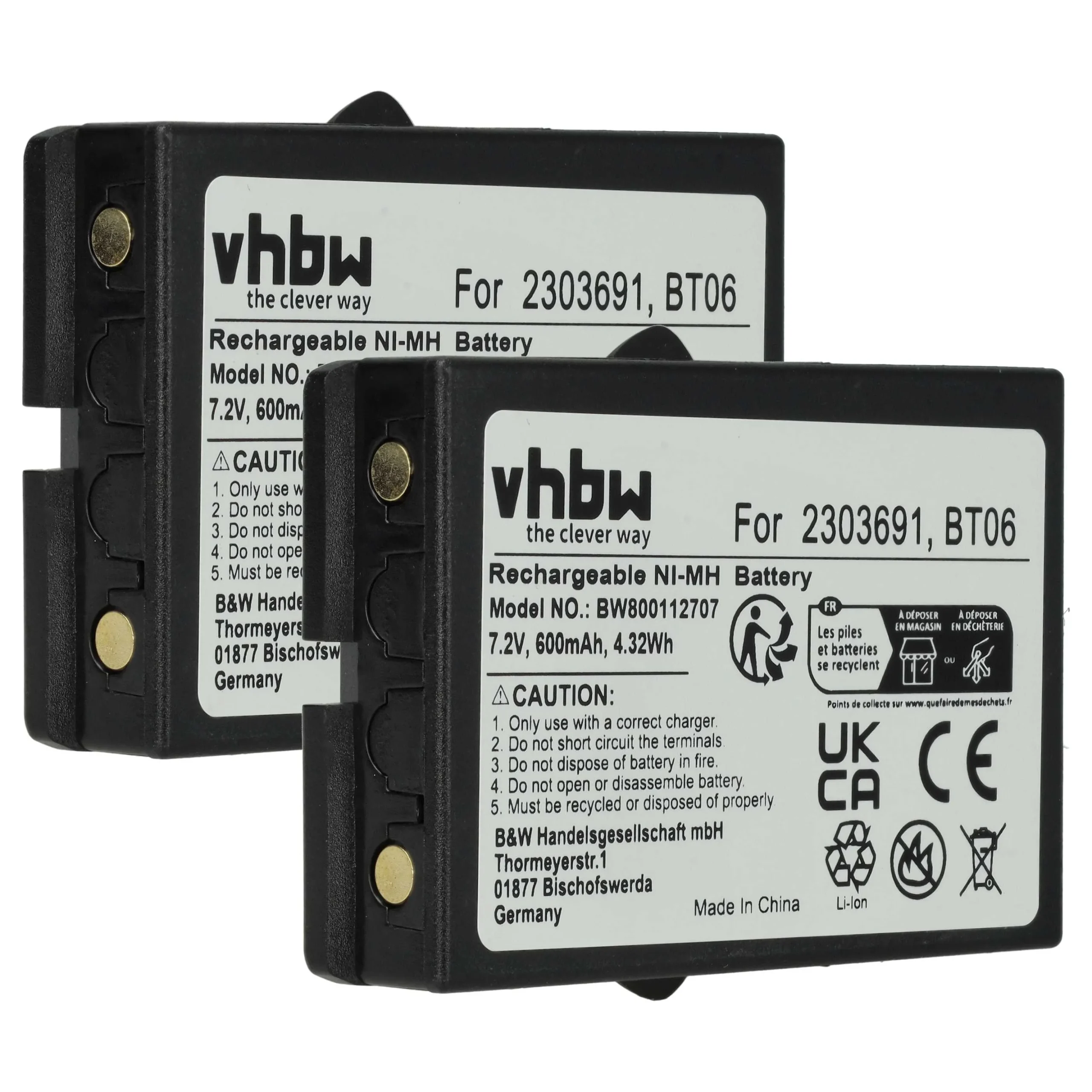 Batterie (2 pièces) remplace Danfoss 2303691, BT06 - 600mAh 7,2V NiMH
