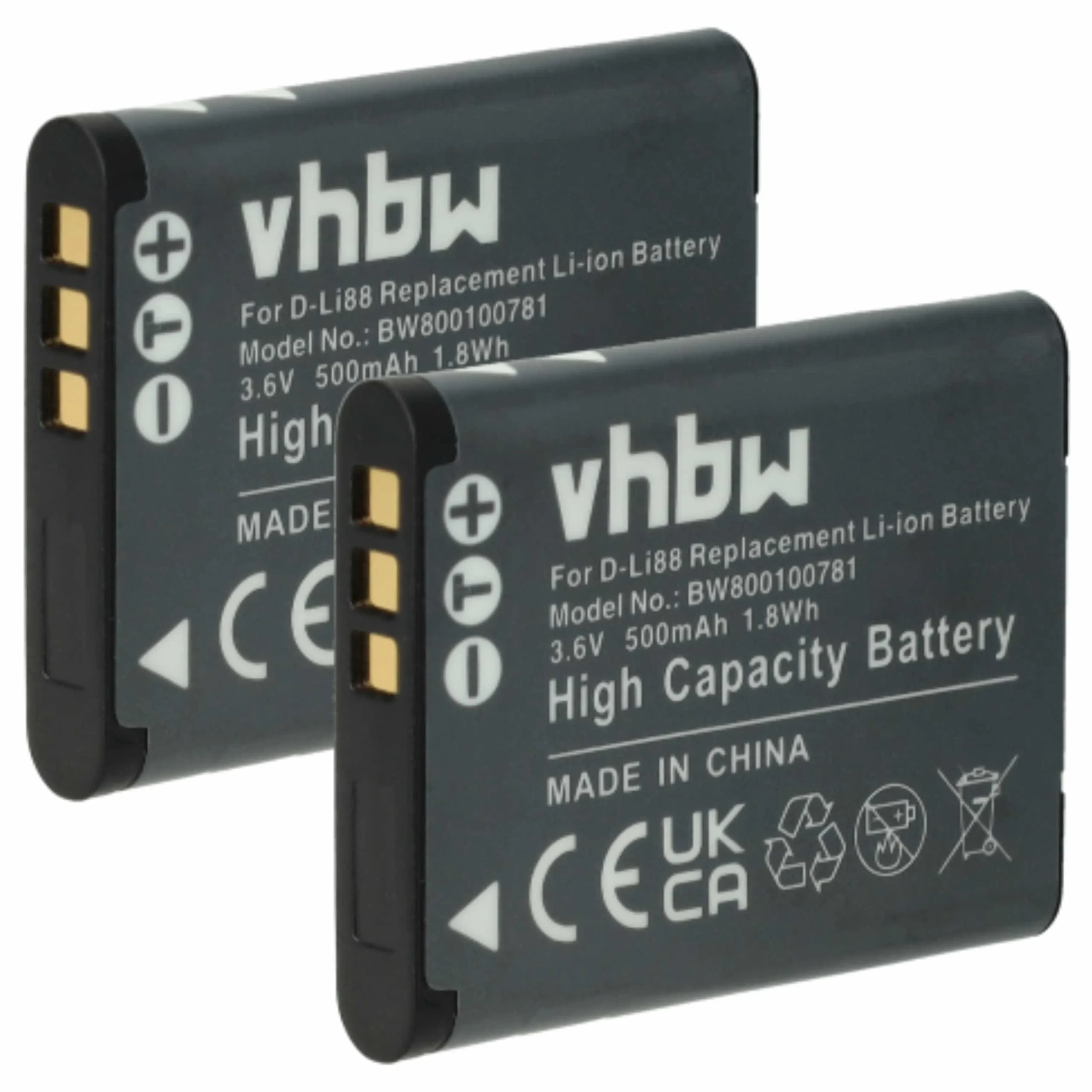 2x Batteries remplace Panasonic VW-VBX070E, VW-VBX070 pour appareil photo Toshiba- 500mAh 3,6V Li-ion