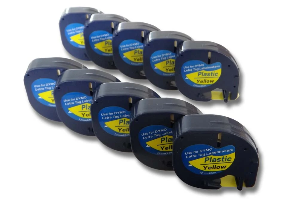 10x Cassettes à ruban remplacent Dymo 91202 - 12mm lettrage Noir ruban Jaune, plastique