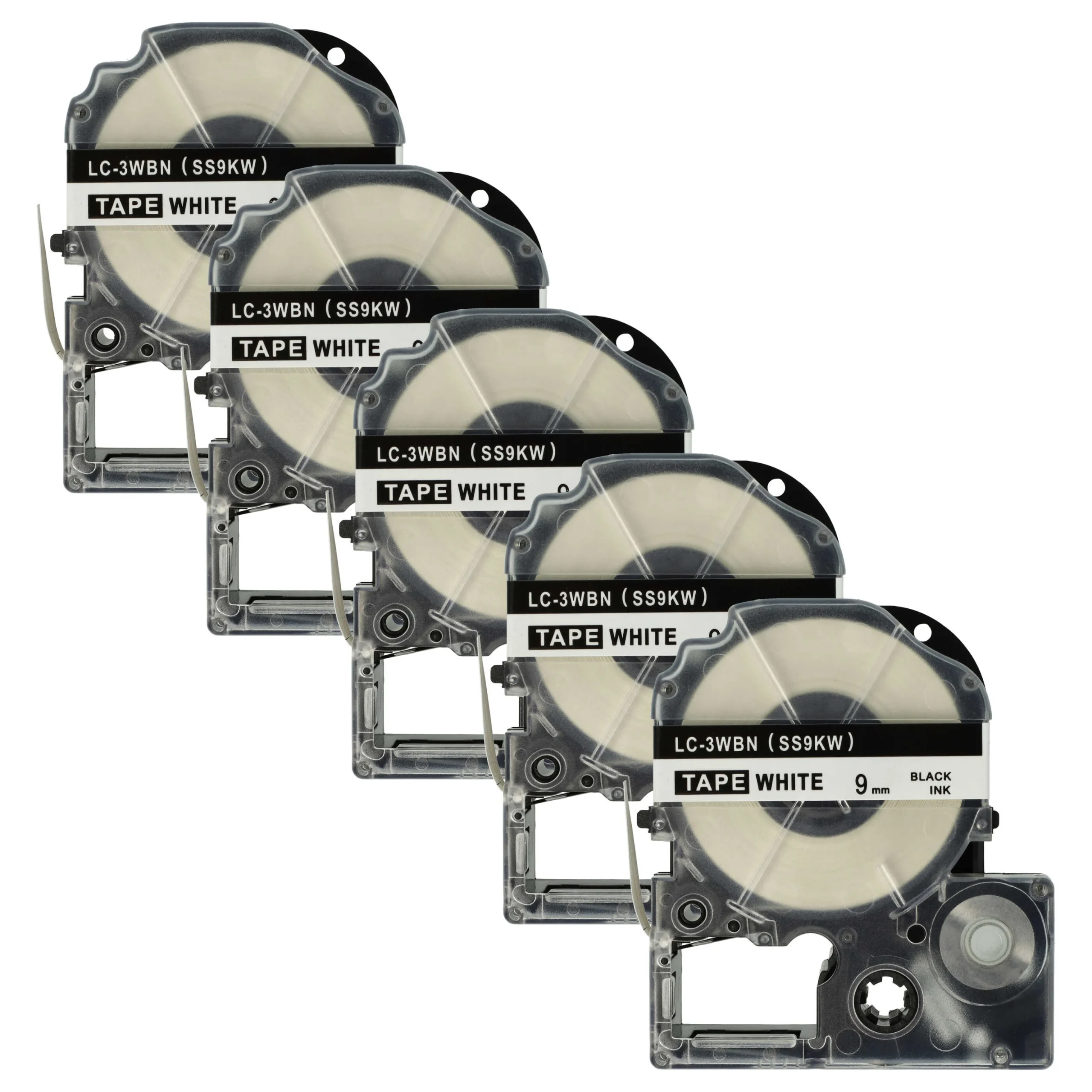 5x Cassettes à ruban remplacent Epson SS9KW, LC-3WBN - 9mm lettrage Noir ruban Blanc, plastique