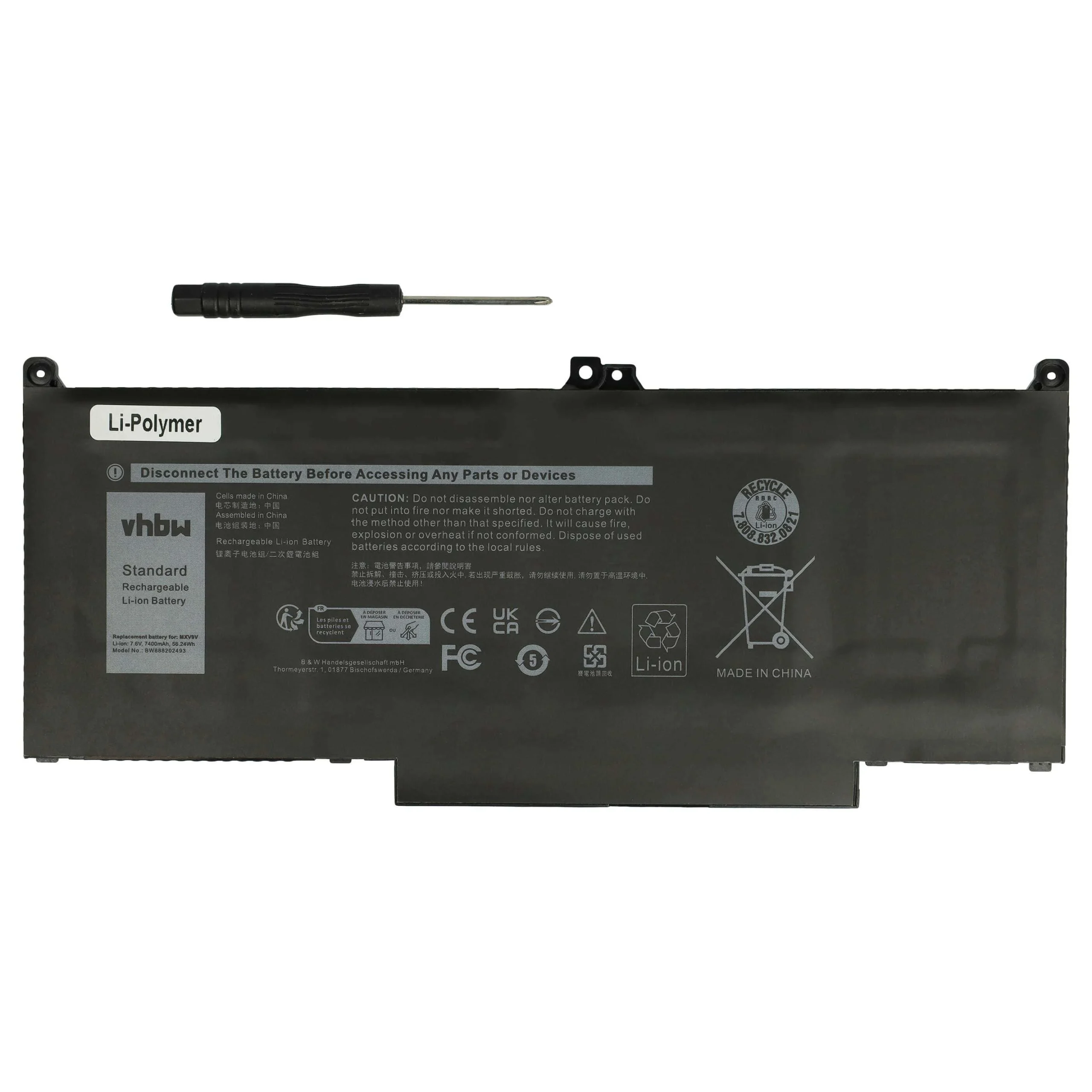 Batterie remplace Dell 05VC2M, MXV9V pour ordinateur portable Dell- 7400mAh 7,6V Li-polymère