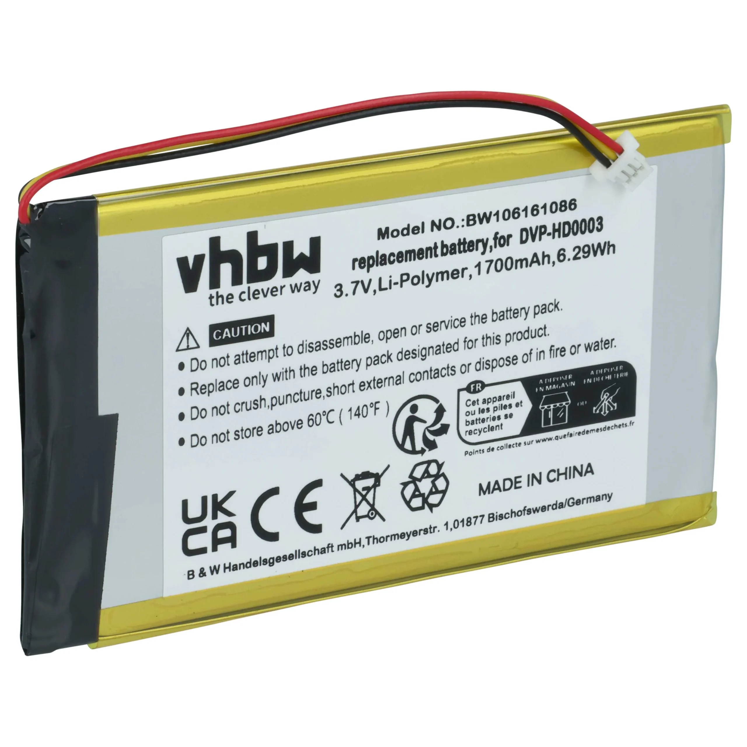 Batterie remplace Creative Labs BA20603R79914 pour lecteur MP3 Creative Labs - 1700mAh 3,7V Li-polymère