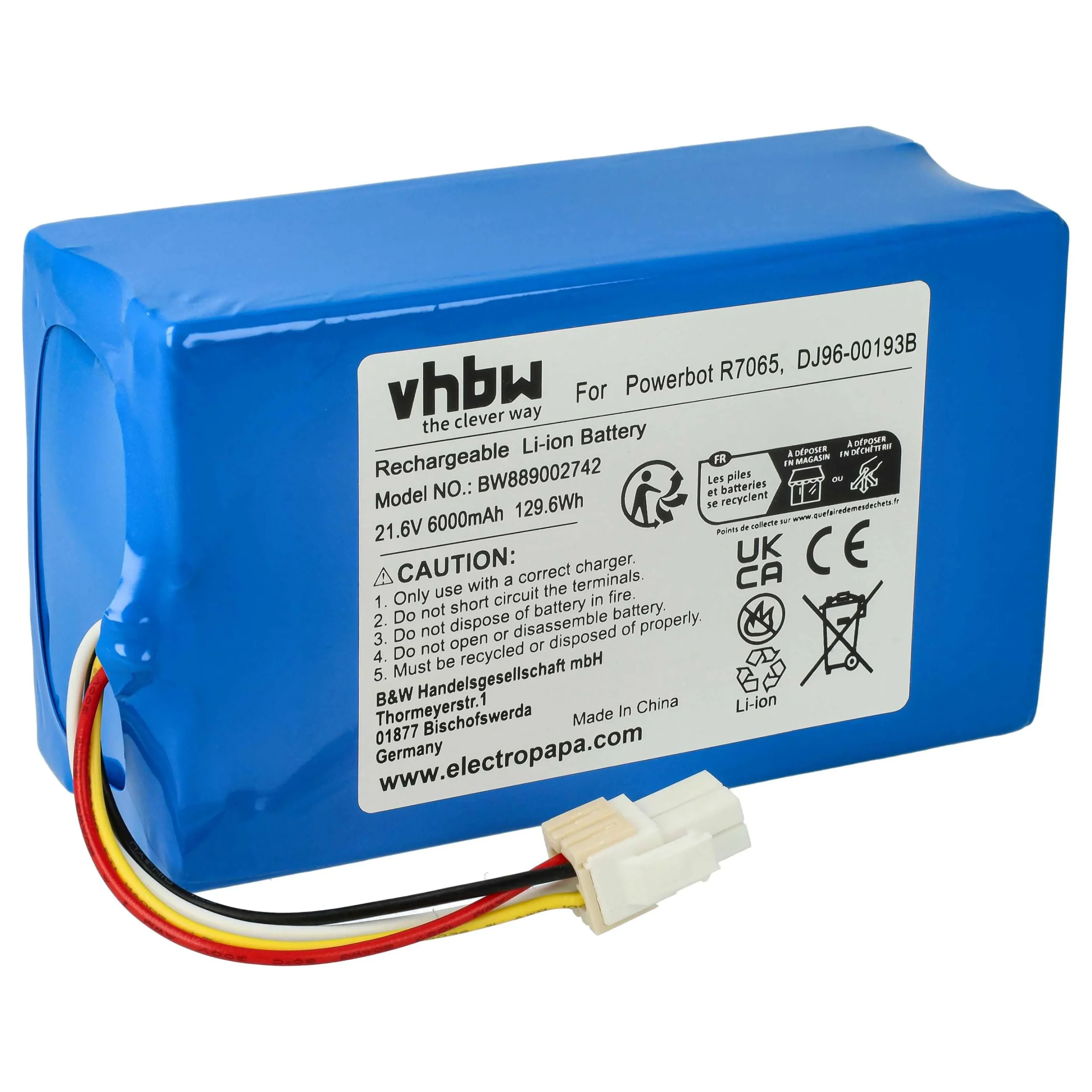 Batterie remplace Samsung DJ96-00193B pour robot aspirateur Samsung - 6000mAh 21,6V Li-ion
