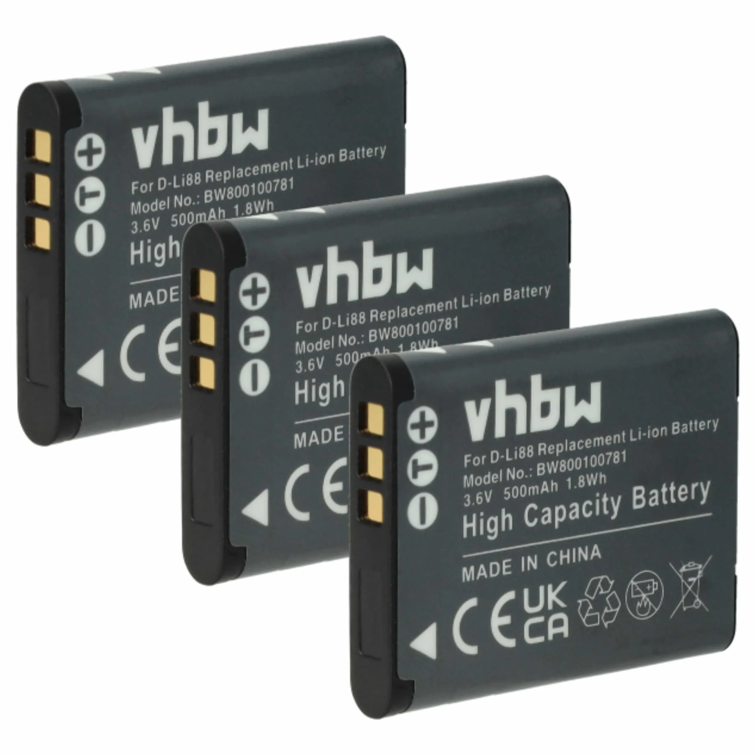 3x Batteries remplace Panasonic VW-VBX070E, VW-VBX070 pour appareil photo Toshiba- 500mAh 3,6V Li-ion