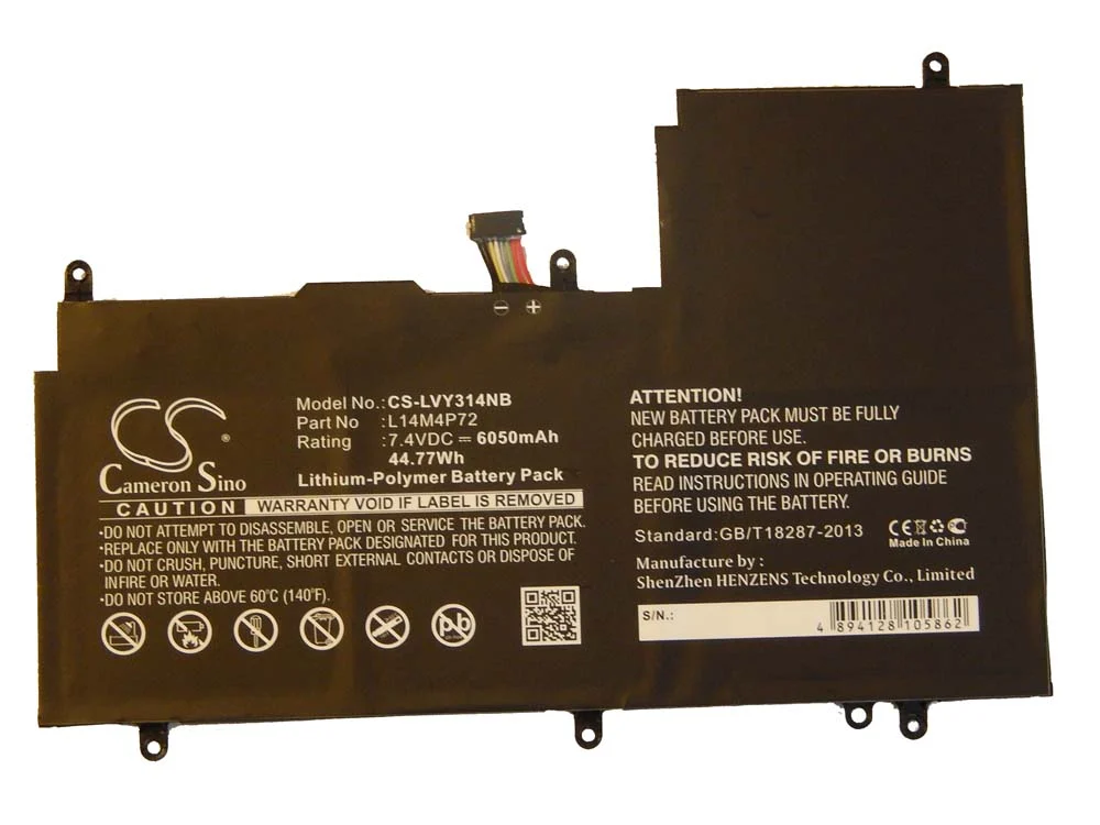 Batterie remplace Lenovo L14S4P72 pour ordinateur portable Lenovo- 6050mAh 7,4V Li-polymère, noir