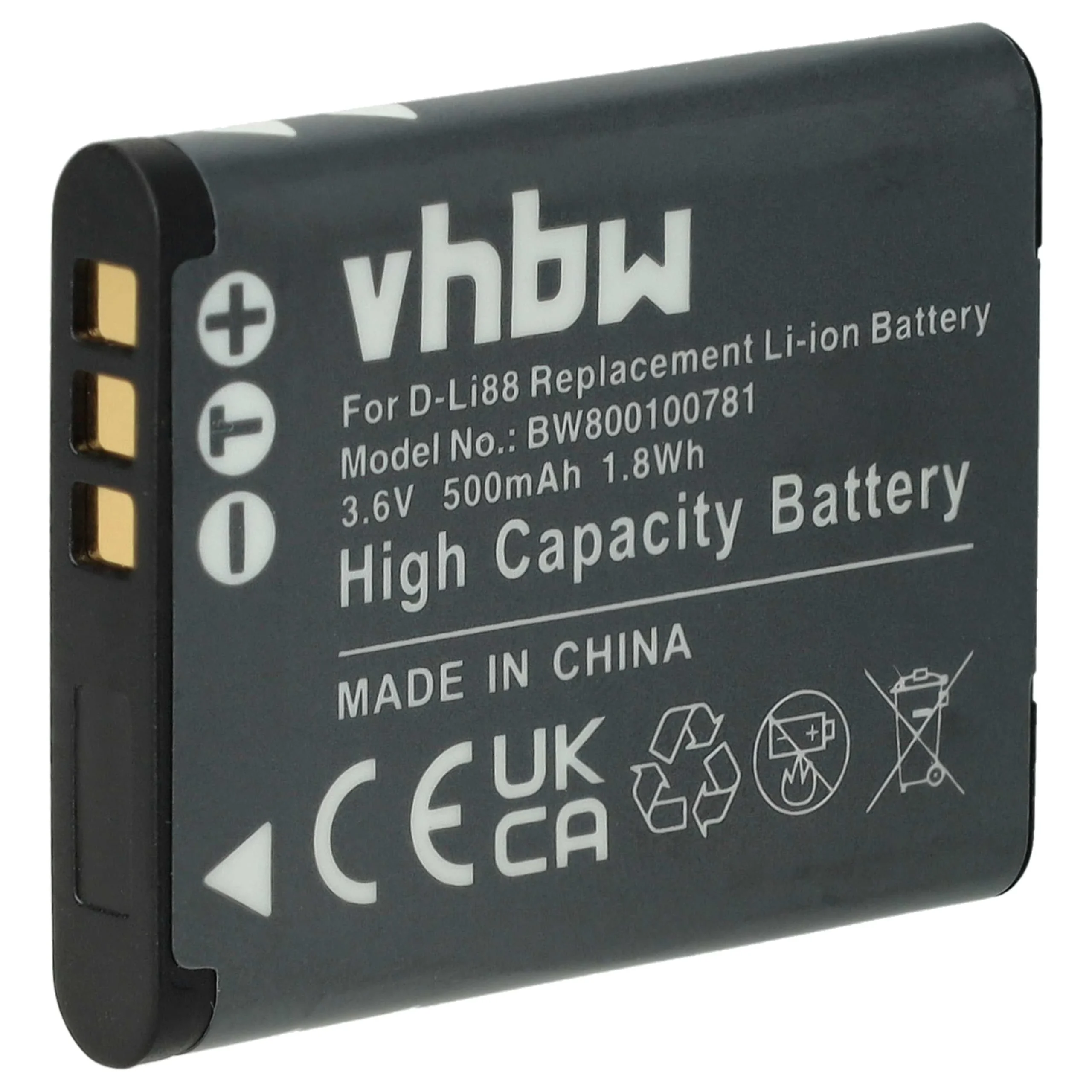Batterie remplace Panasonic VW-VBX070E, VW-VBX070 pour appareil photo Toshiba- 500mAh 3,6V Li-ion