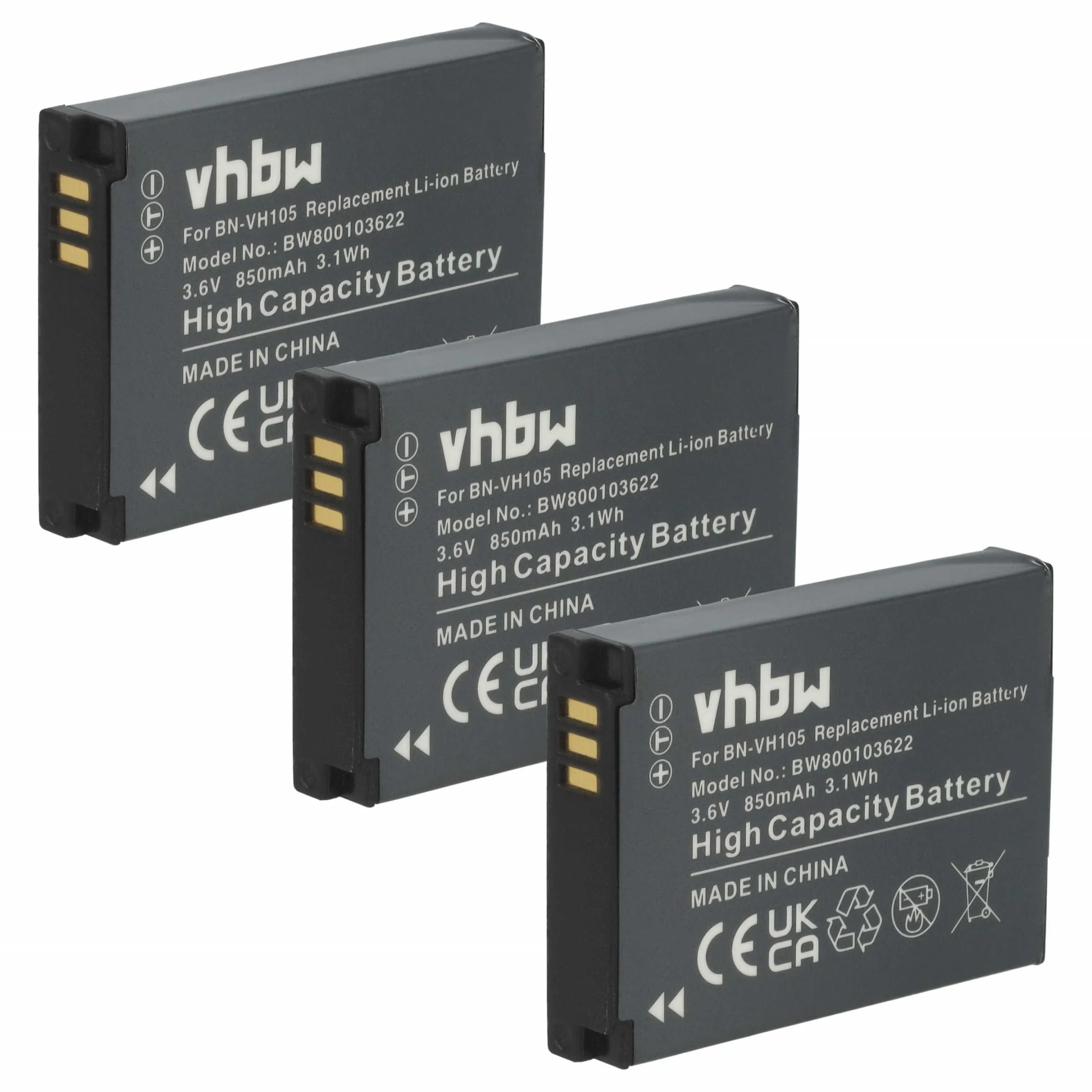 3x Batteries remplace JVC BN-VH105 pour caméscope JVC- 850mAh 3,6V Li-ion