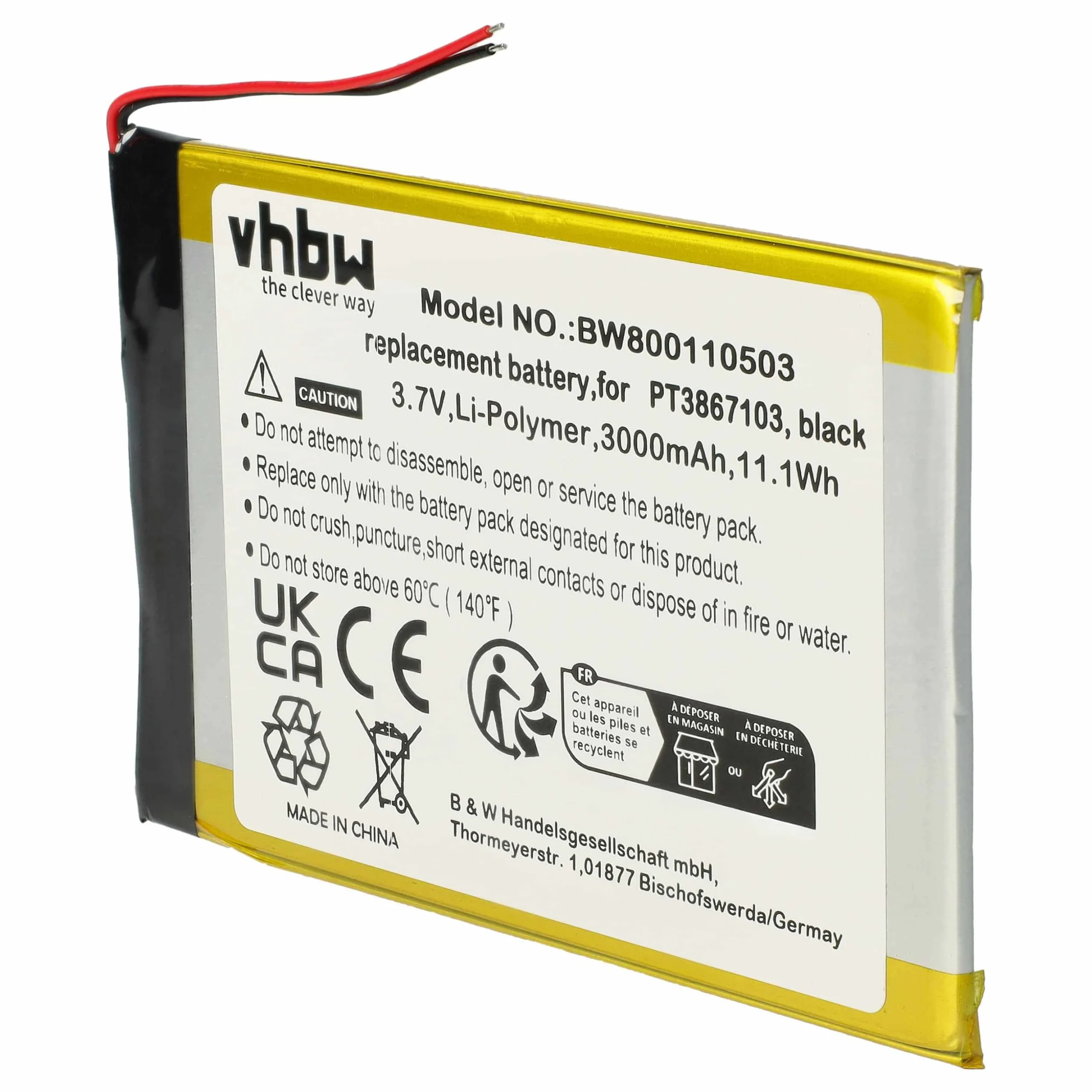 Batterie remplace PT3867103 tablette - 3000mAh 3,7V Li-polymère