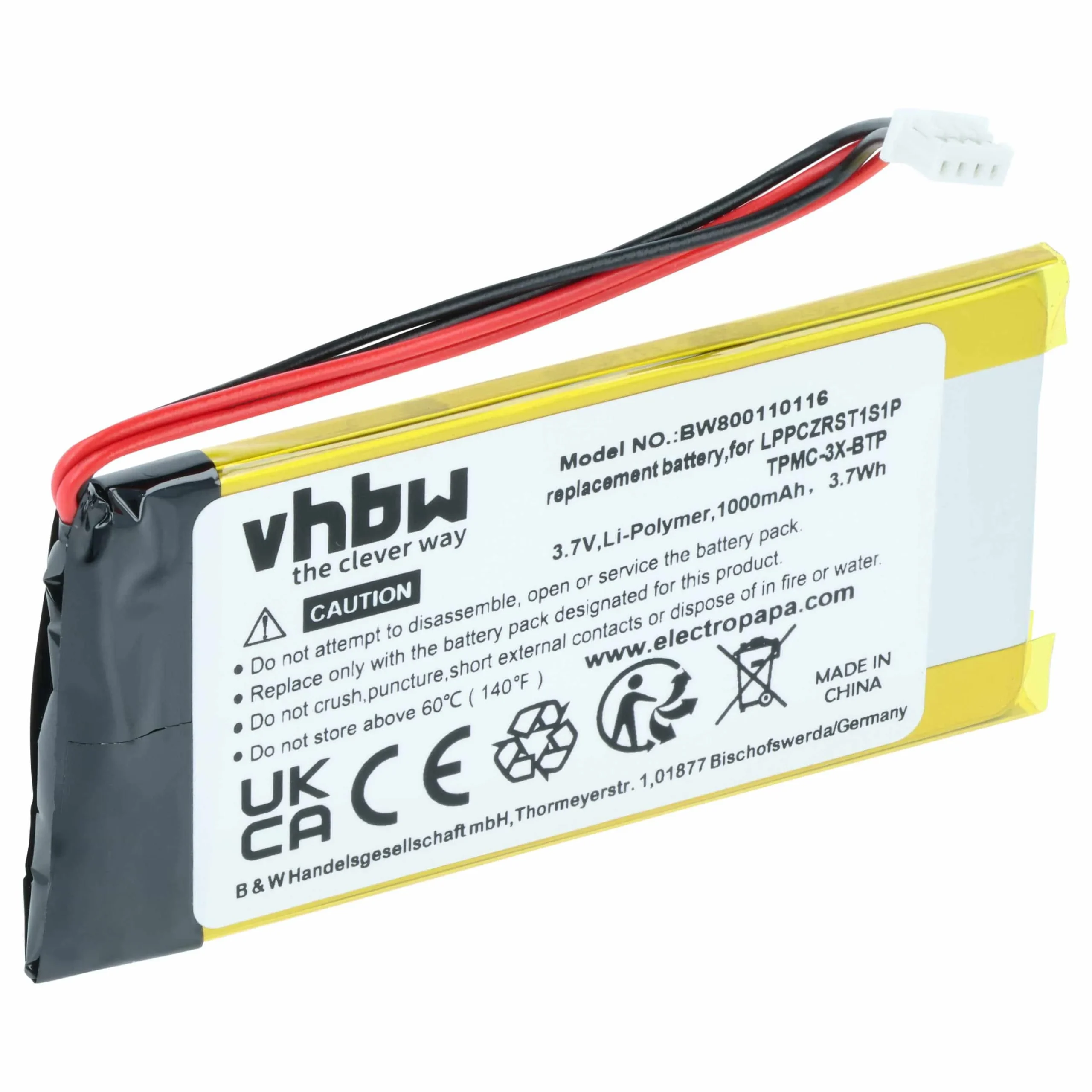 Batterie remplace Crestron LPPCZRST1S1P, TPMC-3X-BTP pour télécommande Crestron- 1000mAh 3,7V Li-polymère