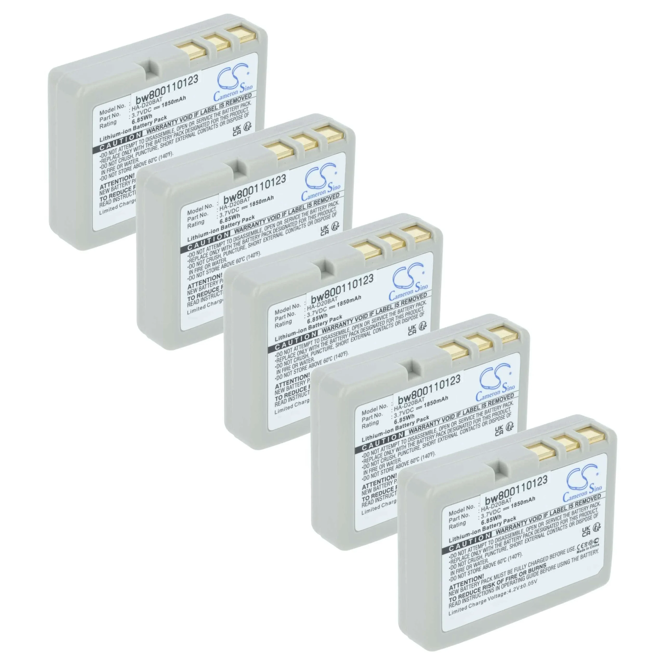 5x Batteries remplace Casio HA-020LBAT, CA60L4-G, CA60L1-G pour scanner de code-barre Casio - 1850mAh 3,7V