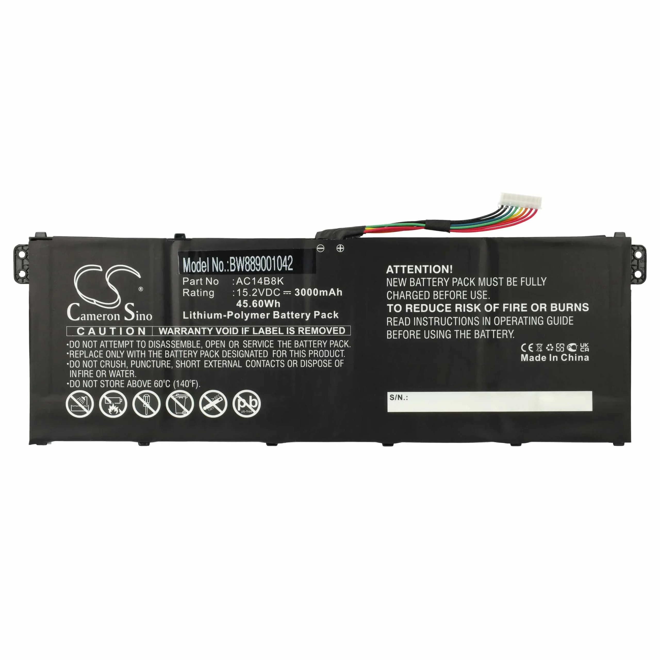 Batterie remplace Asus AC011353, AC14A8K, AC14B18K pour ordinateur portable Gateway- 3000mAh 15,2V Li-polymère