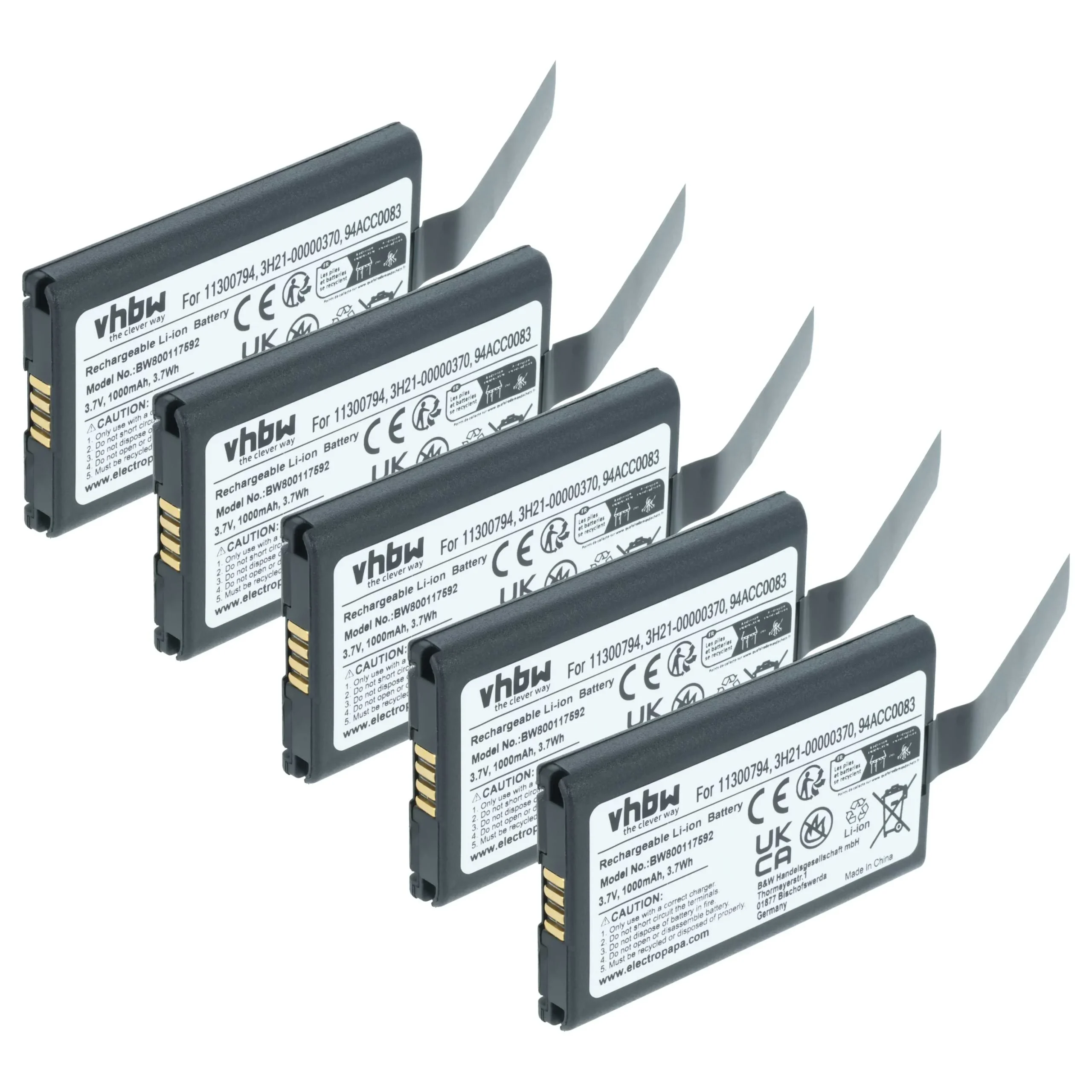 5x Batteries remplace Datalogic 11300794, 3H21-00000370 pour scanner de code-barre Datalogic - 1000mAh 3,7V