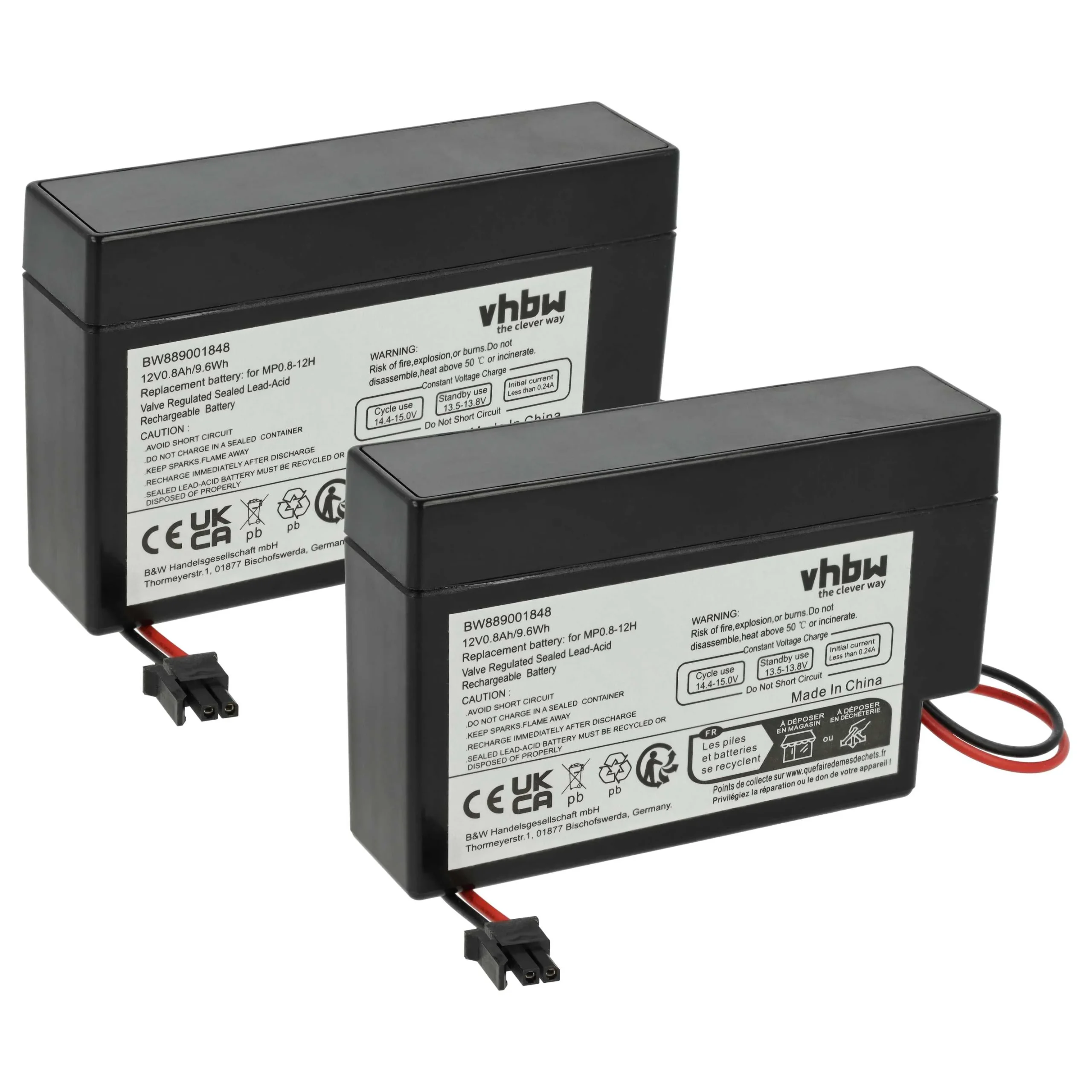 Batterie (2 pcs.) remplace MP0.8-12H - 800mAh 12V AGM, 6x cellules, connecteur AMP