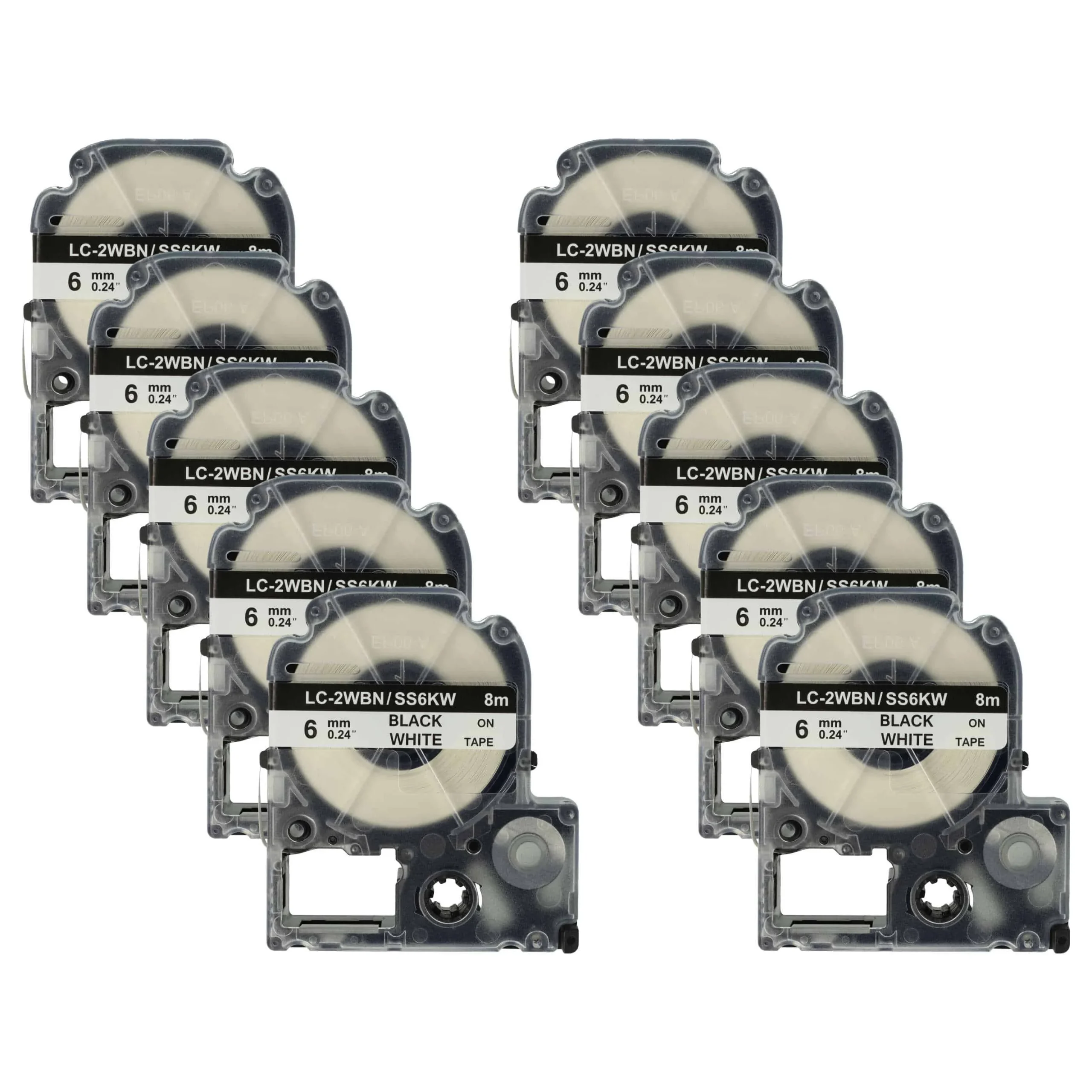 10x Cassettes à ruban remplacent Epson LC-2WBN - 6mm lettrage Noir ruban Blanc, plastique