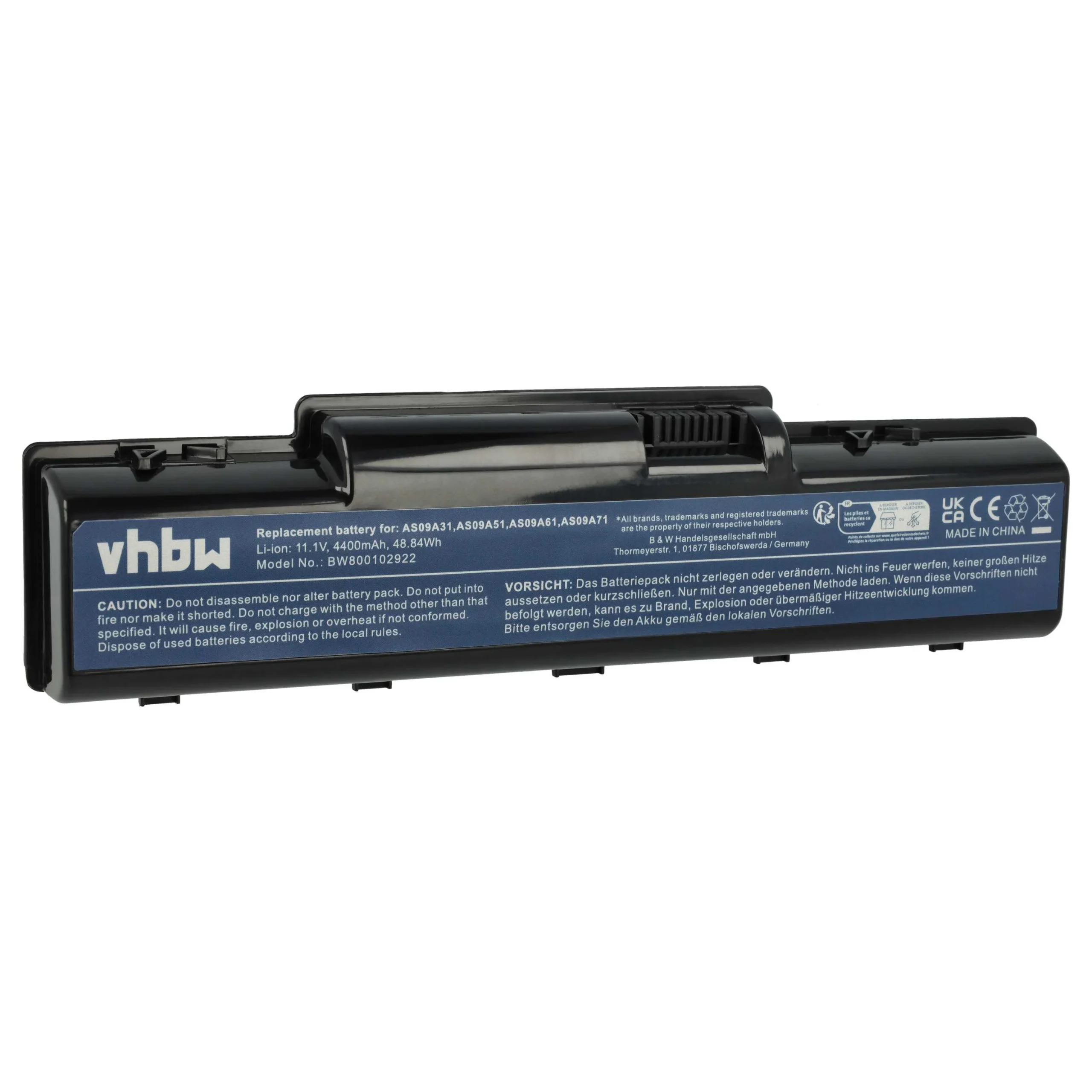Batterie remplace Acer AS09A31, AS09A41, AS09A36 pour ordinateur portable Acer- 4400mAh 11,1V Li-ion, noir