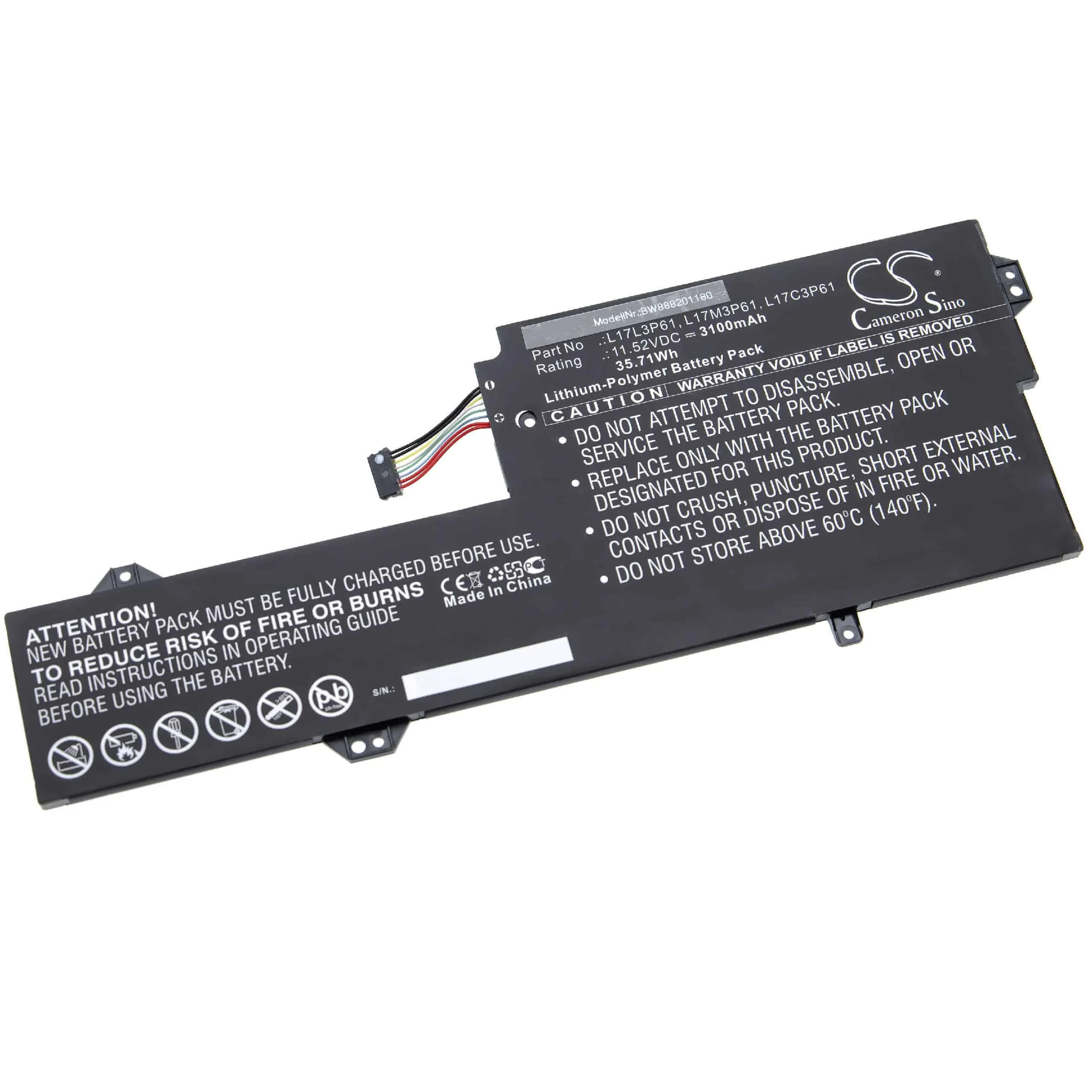 Batterie remplace Lenovo L17L3P61, L17C3P61 pour ordinateur portable Lenovo- 3100mAh 11,52V Li-polymère, noir