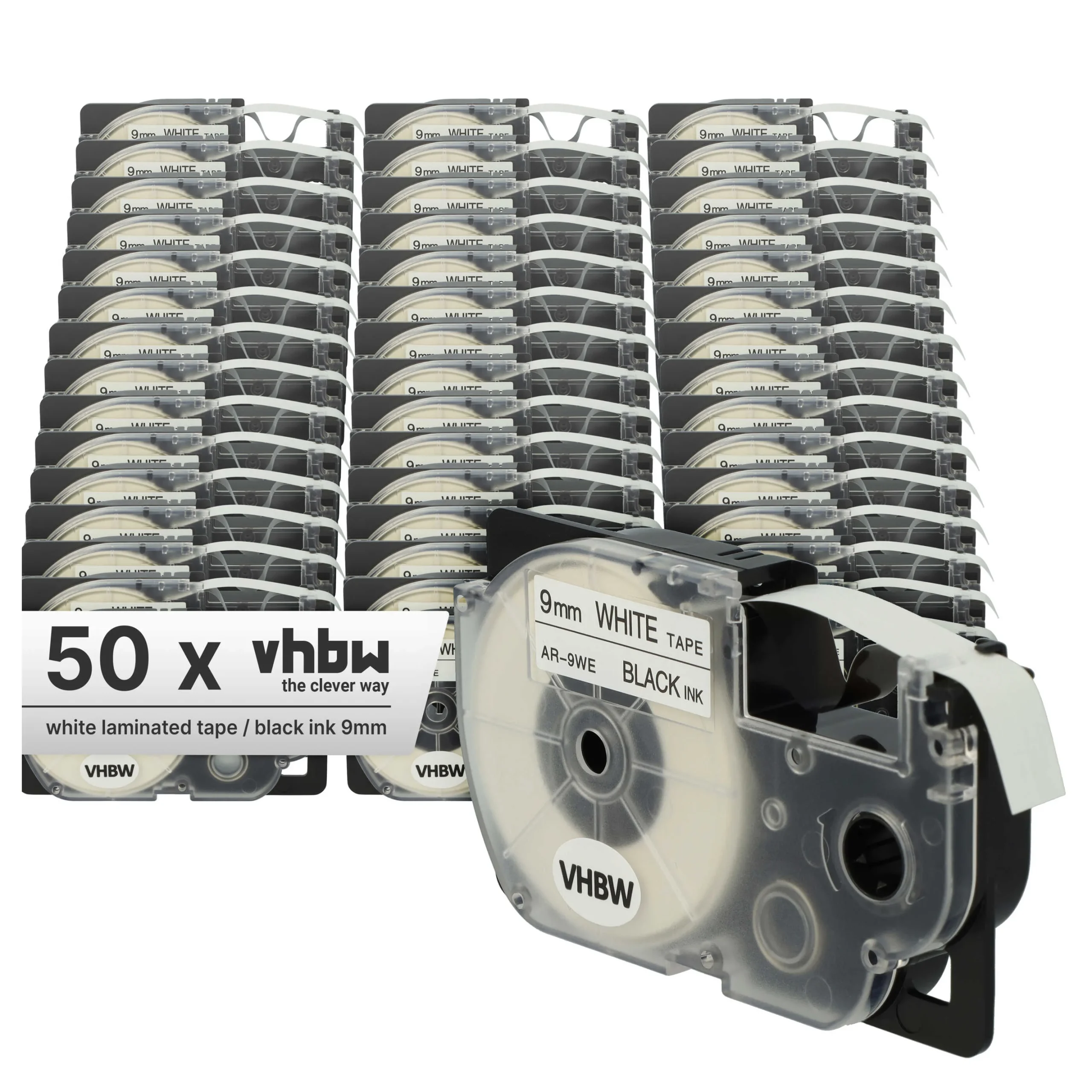 50x Cassettes à ruban remplacent Casio XR-9WE1, XR-9WE - 9mm lettrage Noir ruban Blanc, plastique
