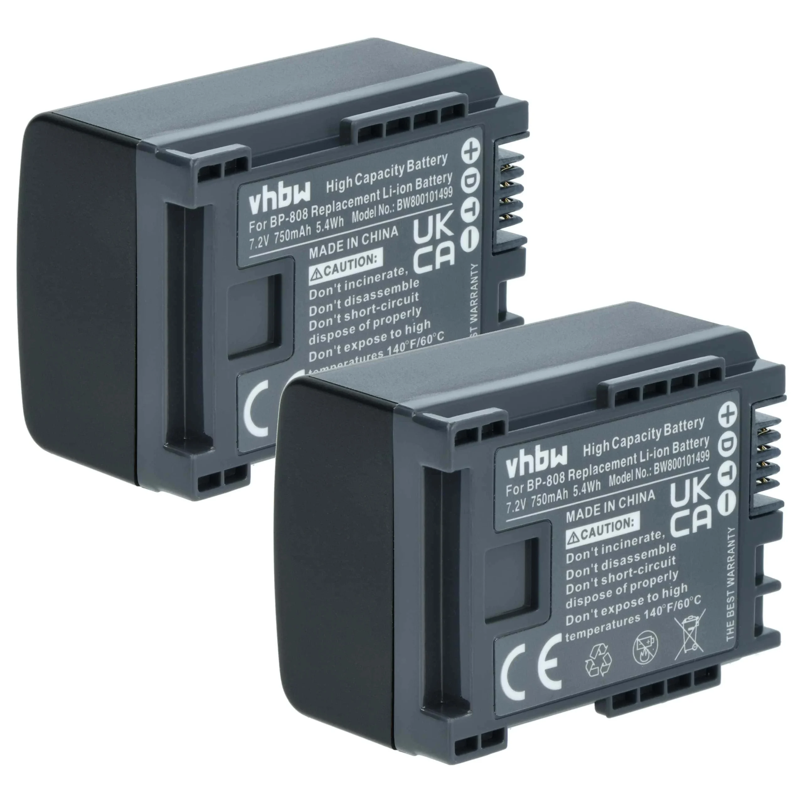 2x Batteries remplace Canon 2740B002, BP-808 pour caméscope Canon- 750mAh 7,2V Li-ion avec puce