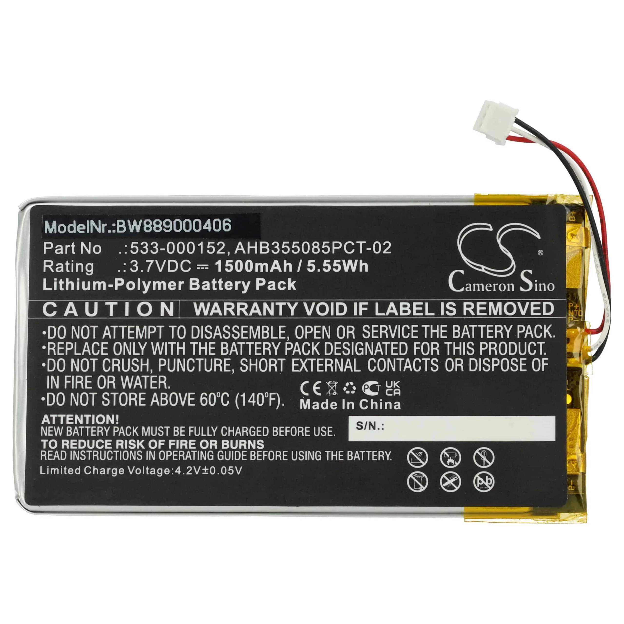 Batterie remplace Logitech 533-000152, 533-000204, AHB355085PCT-02 clavier - 1500mAh 3,7V Li-polymère