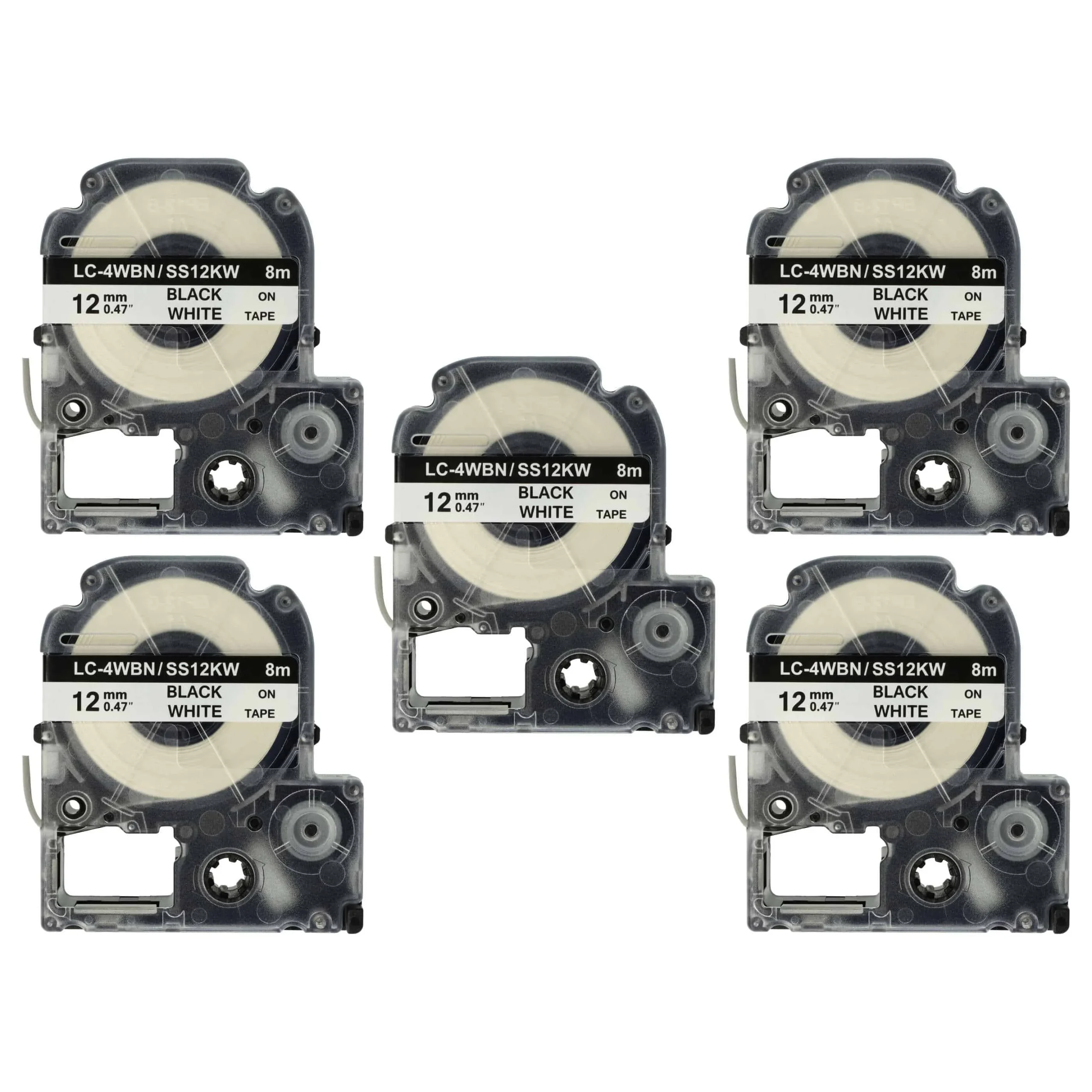 5x Cassettes à ruban remplacent Epson SS12KW, LC-4WBN - 12mm lettrage Noir ruban Blanc, plastique