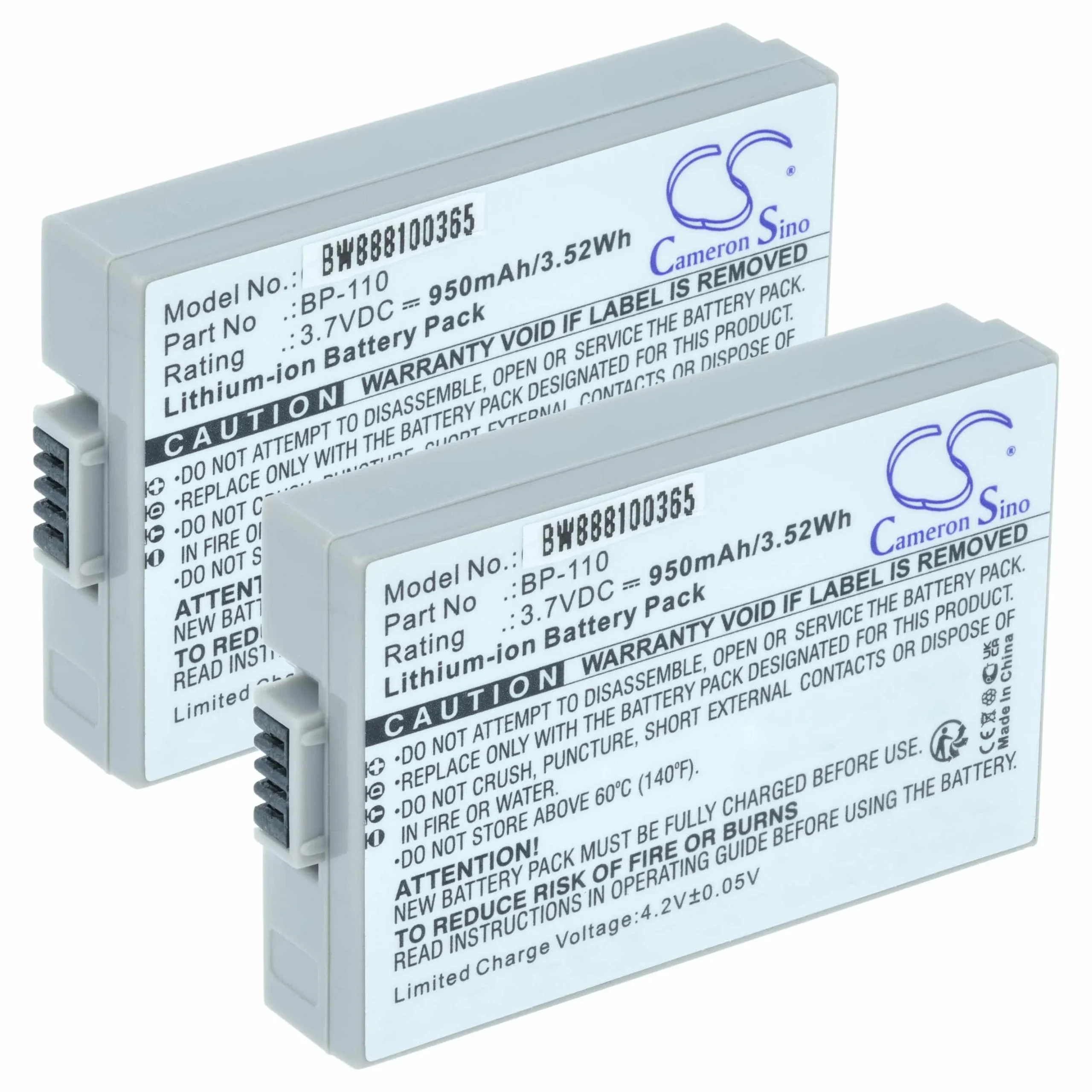 2x Batteries remplace Canon BP-110 pour caméscope Canon- 950mAh 3,7V Li-ion avec puce