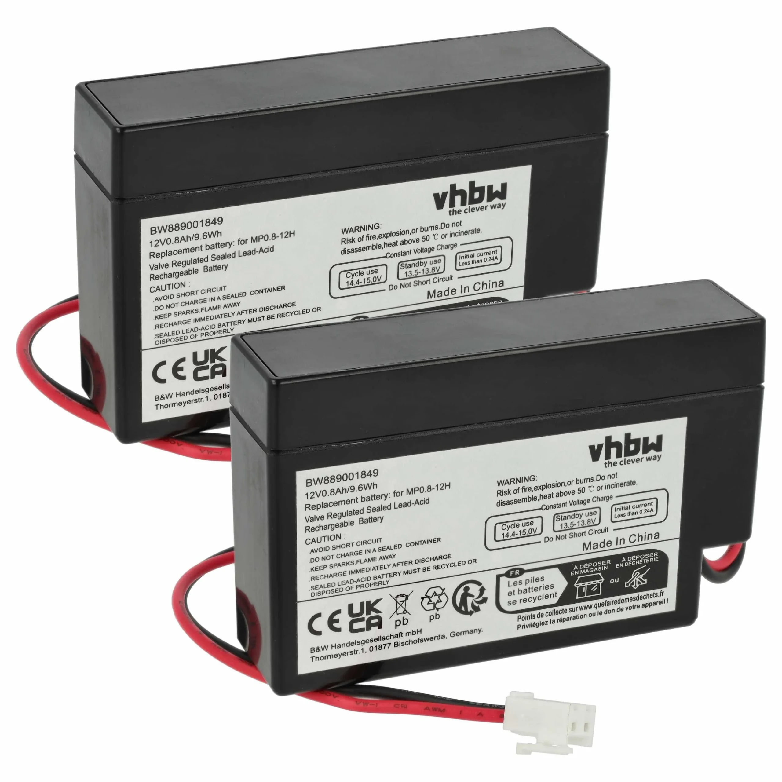 Batterie (2 pcs.) remplace MP0.8-12H divers appareils - 800mAh 12V AGM, 6x cellules, connecteur JST