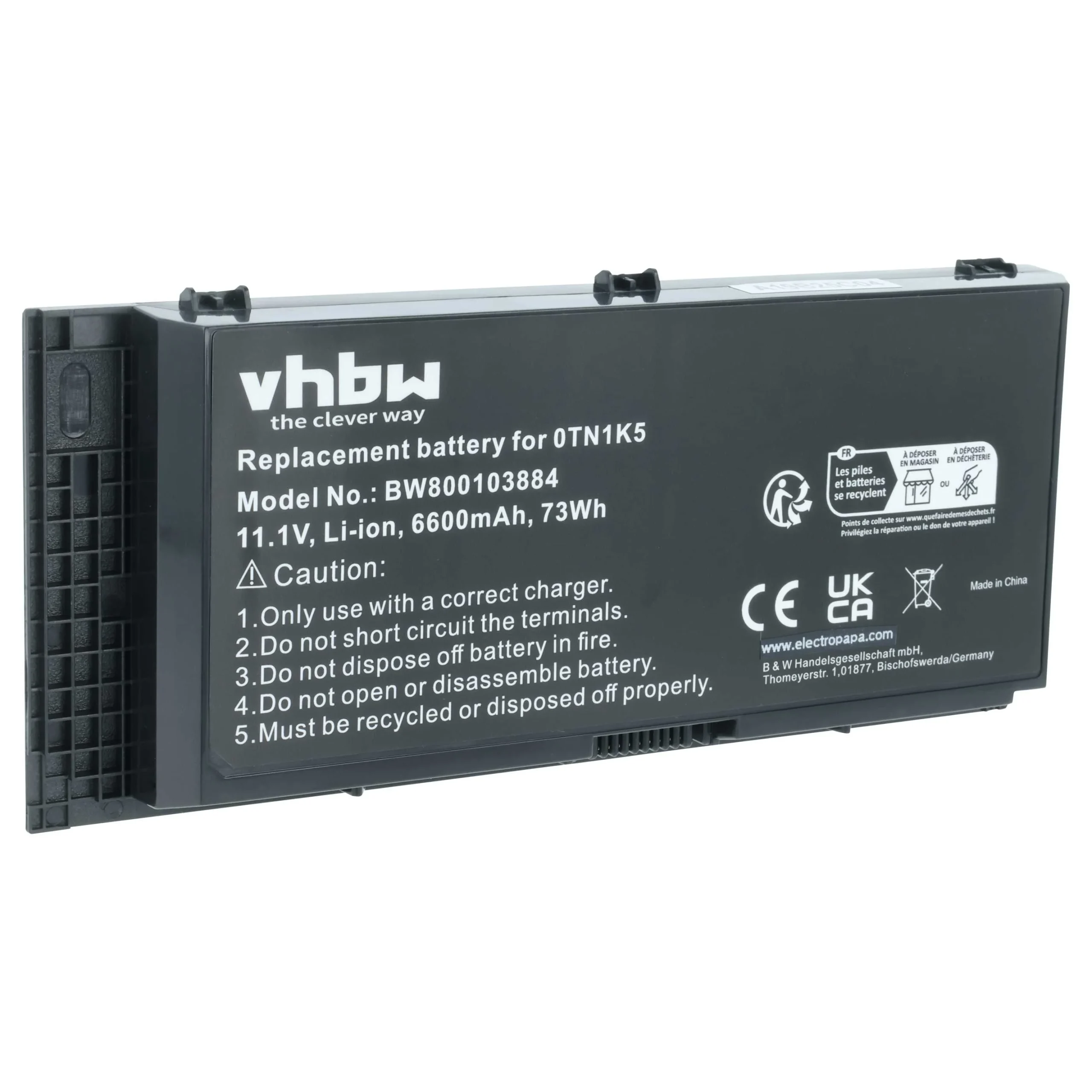 Batterie remplace Dell 0JHYP2, 0FVWT4, 0PG6RC pour ordinateur portable Dell- 6600mAh 11,1V Li-ion, noir