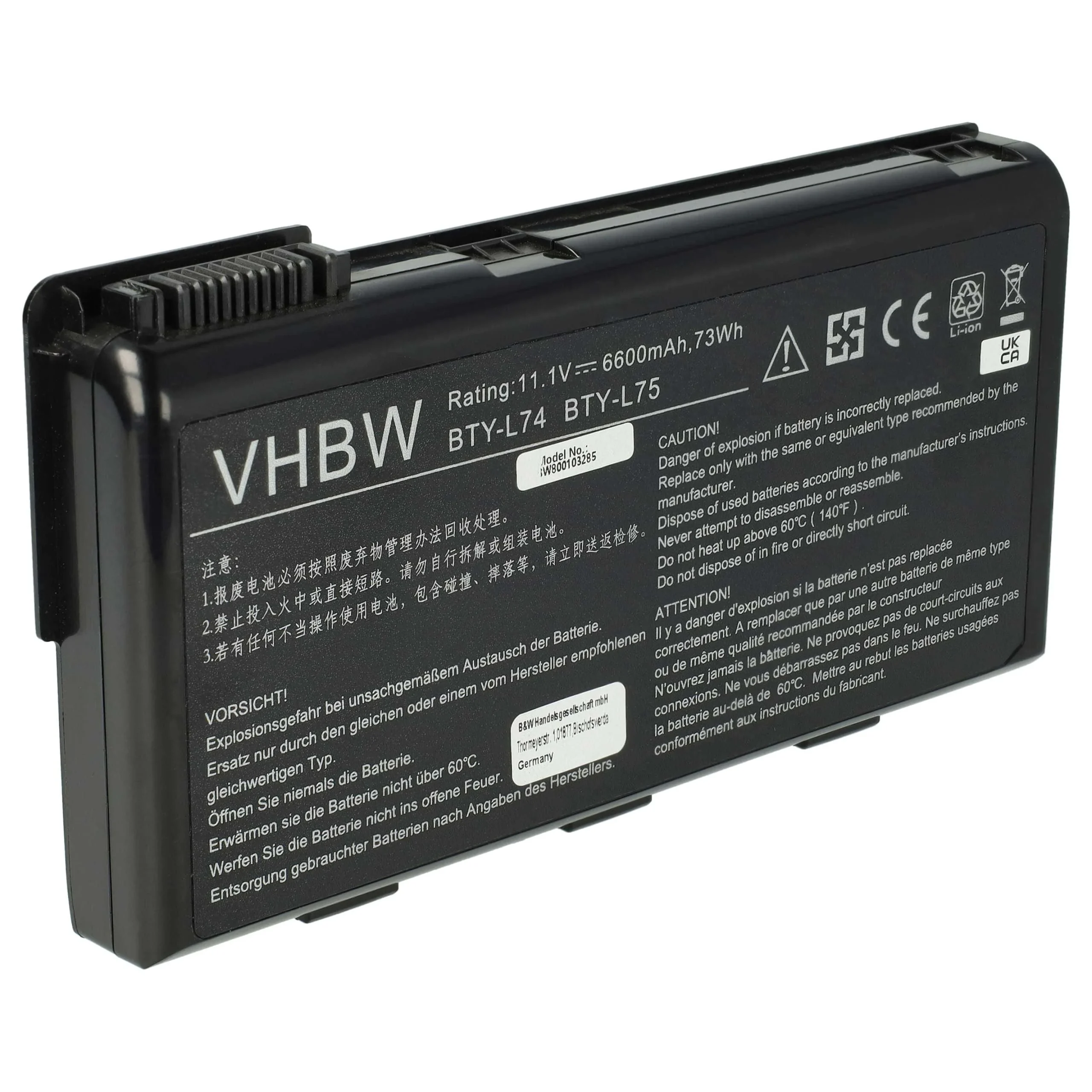 Batterie remplace MSI 91NMS17LF6SU1, 91NMS17LD4SU1 pour ordinateur portable MSI- 6600mAh 11,1V Li-ion, noir