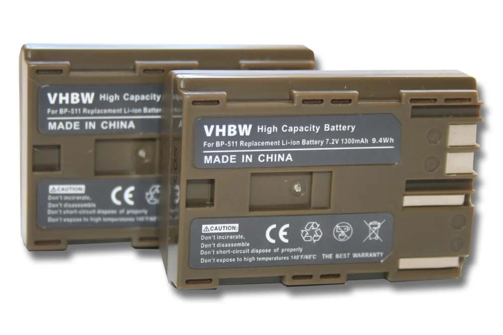 2x Batteries remplace Canon BP-508, BP-511A, BP-511, BP-512 pour appareil photo Canon- 1300mAh 7,2V Li-ion