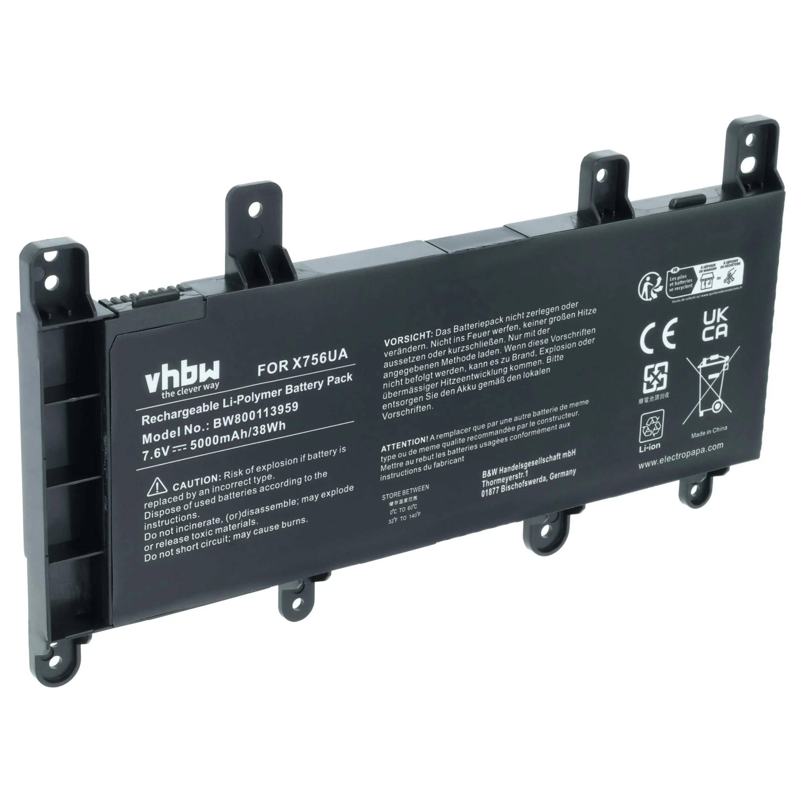 Batterie remplace Asus 0B200-01800100, C21N1515 pour ordinateur portable Asus- 5000mAh 7,6V Li-polymère, noir