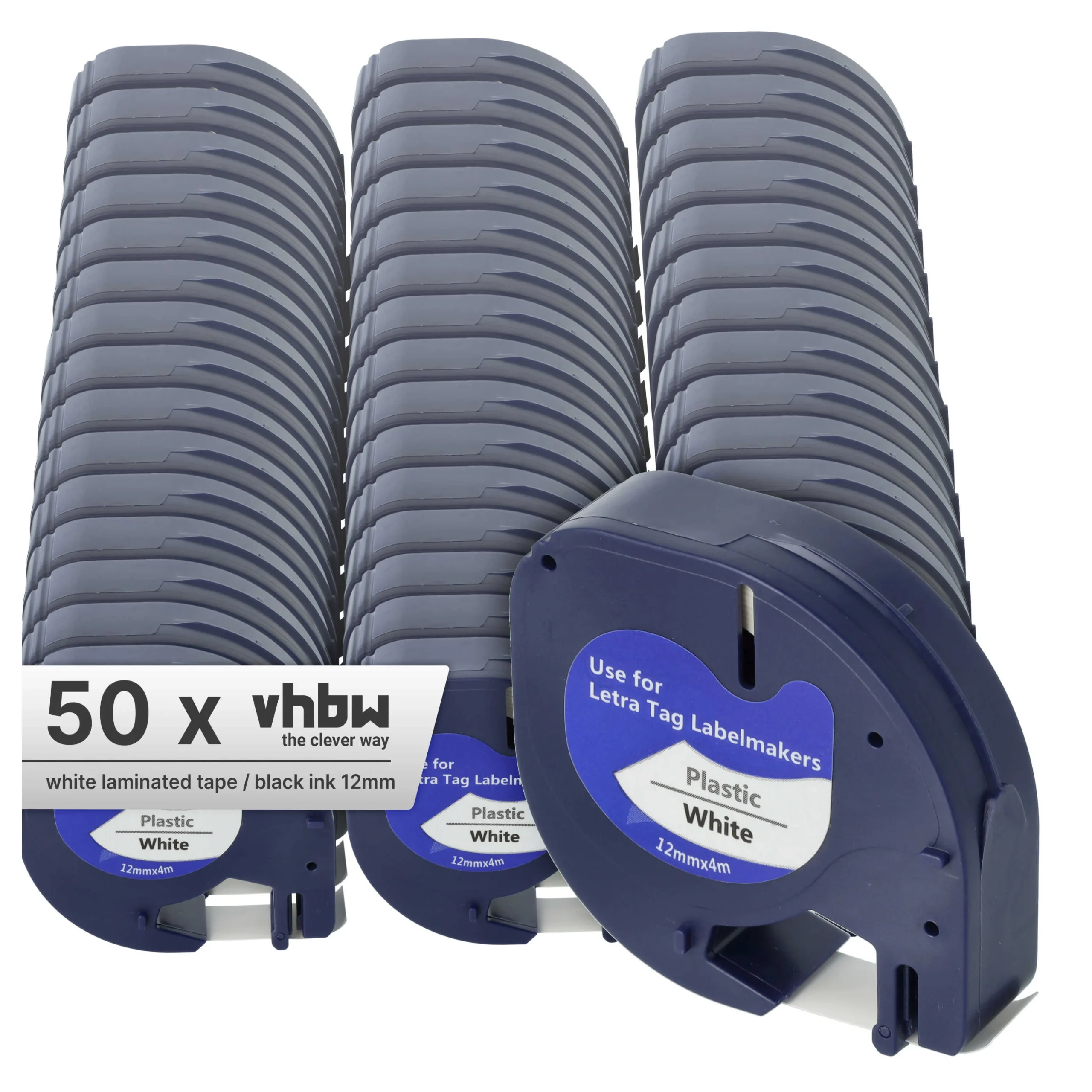 50x Cassettes à ruban en plastique remplacent Dymo 91201 - 12mm lettrage Noir ruban Blanc, plastique